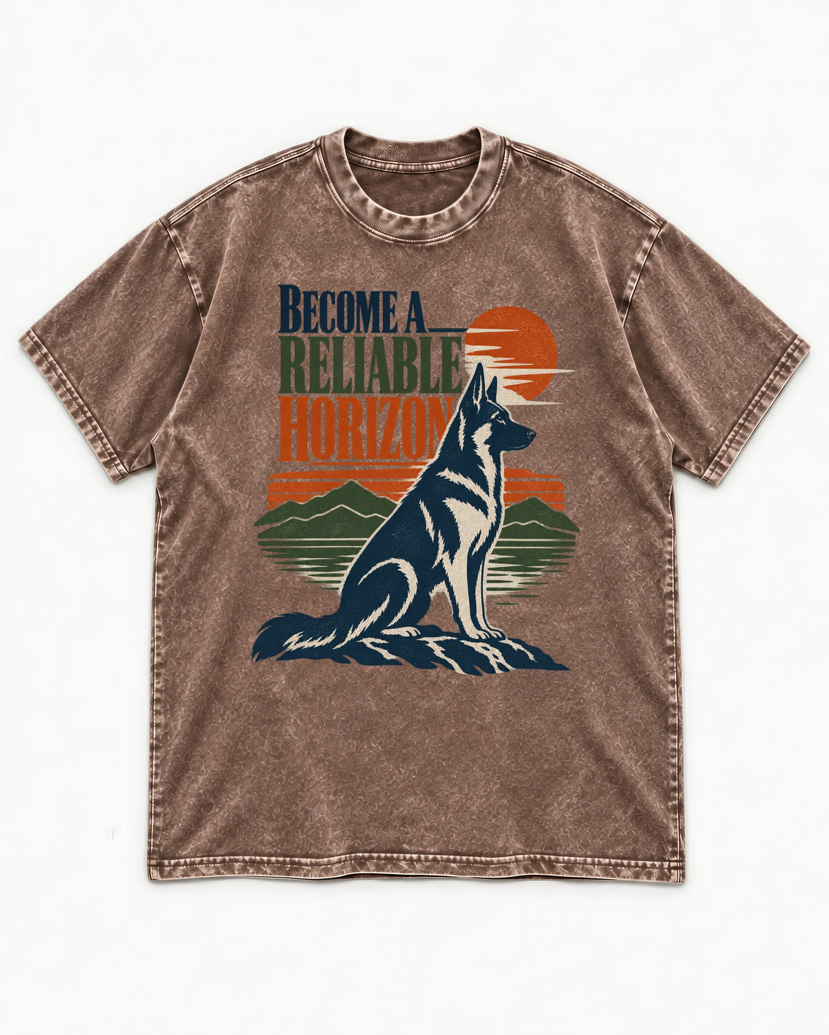 German Shepherd Dog Become a Reliable Horizon Washed Tee in Coffee, flat lay product photo