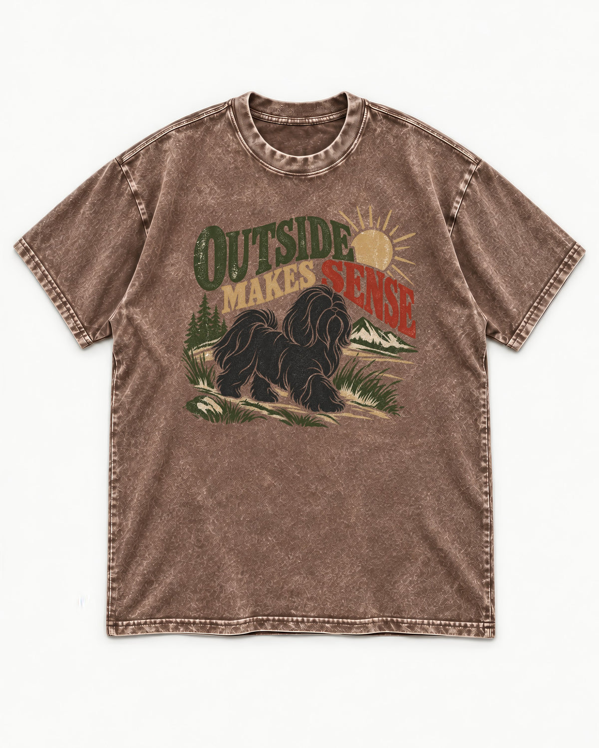 Shih Tzu Outside Makes Sense Mountain Trail Graphic Washed Tee in Coffee, flat lay product photo