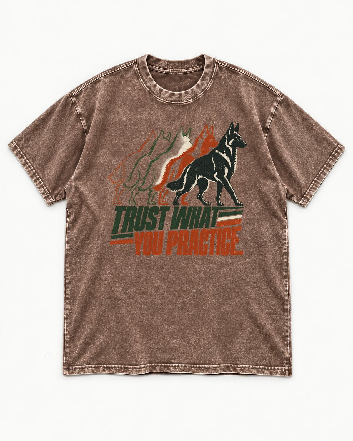 Trust What You Practice German Shepherd Dog Washed Tee in Coffee, flat lay product photo