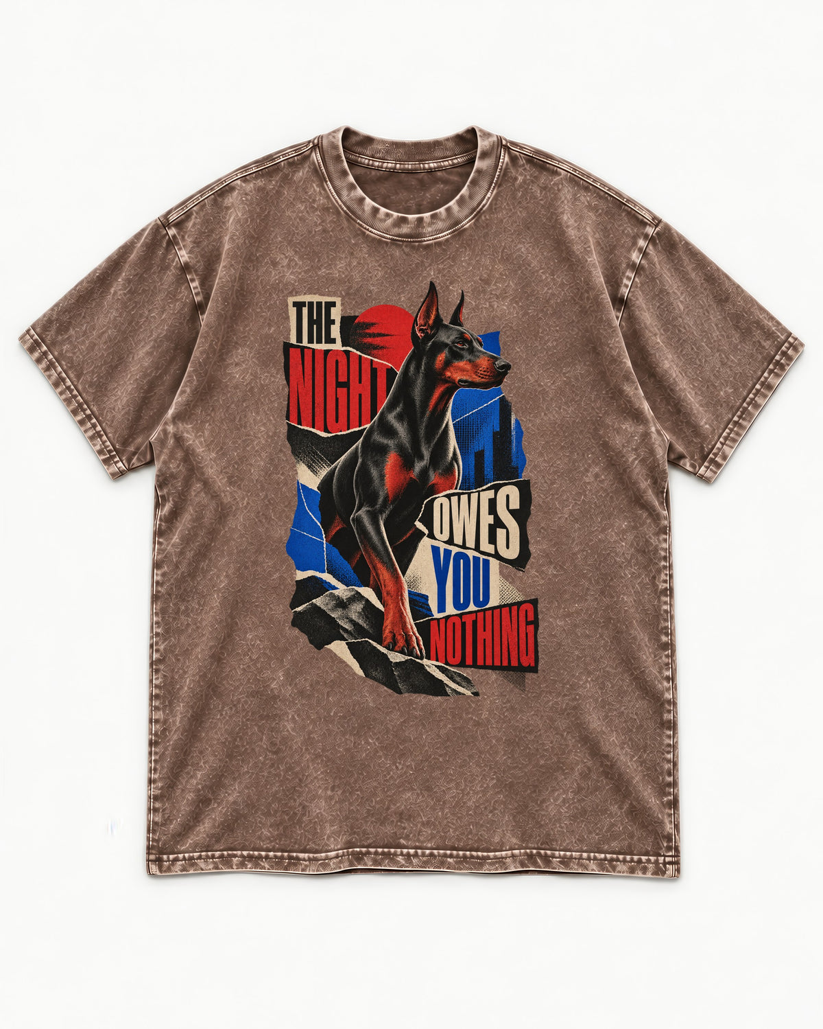 Night Owes You Nothing Doberman Washed Tee in Coffee, flat lay product photo