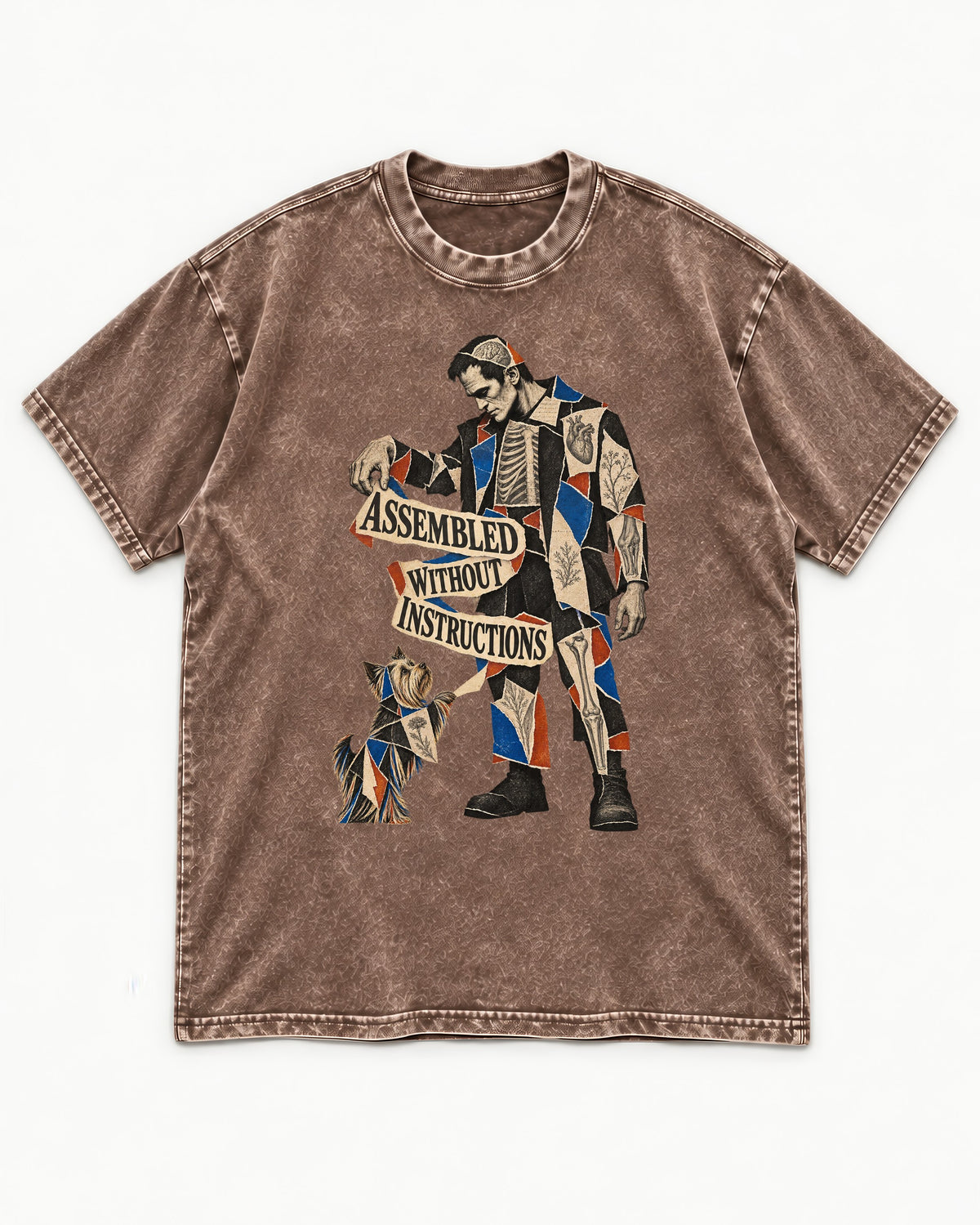 Yorkshire Terrier Assembled Without Instructions Washed Tee in Coffee, flat lay product photo