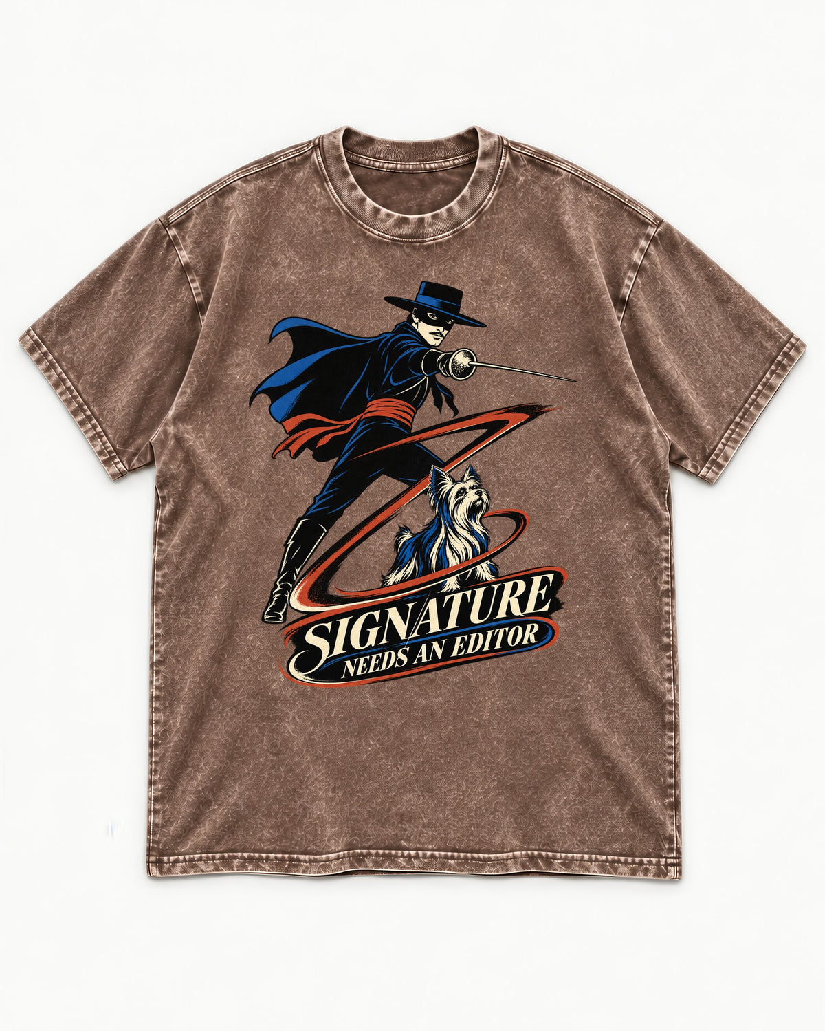 Yorkshire Terrier Signature Needs an Editor Washed Tee in Coffee, flat lay product photo
