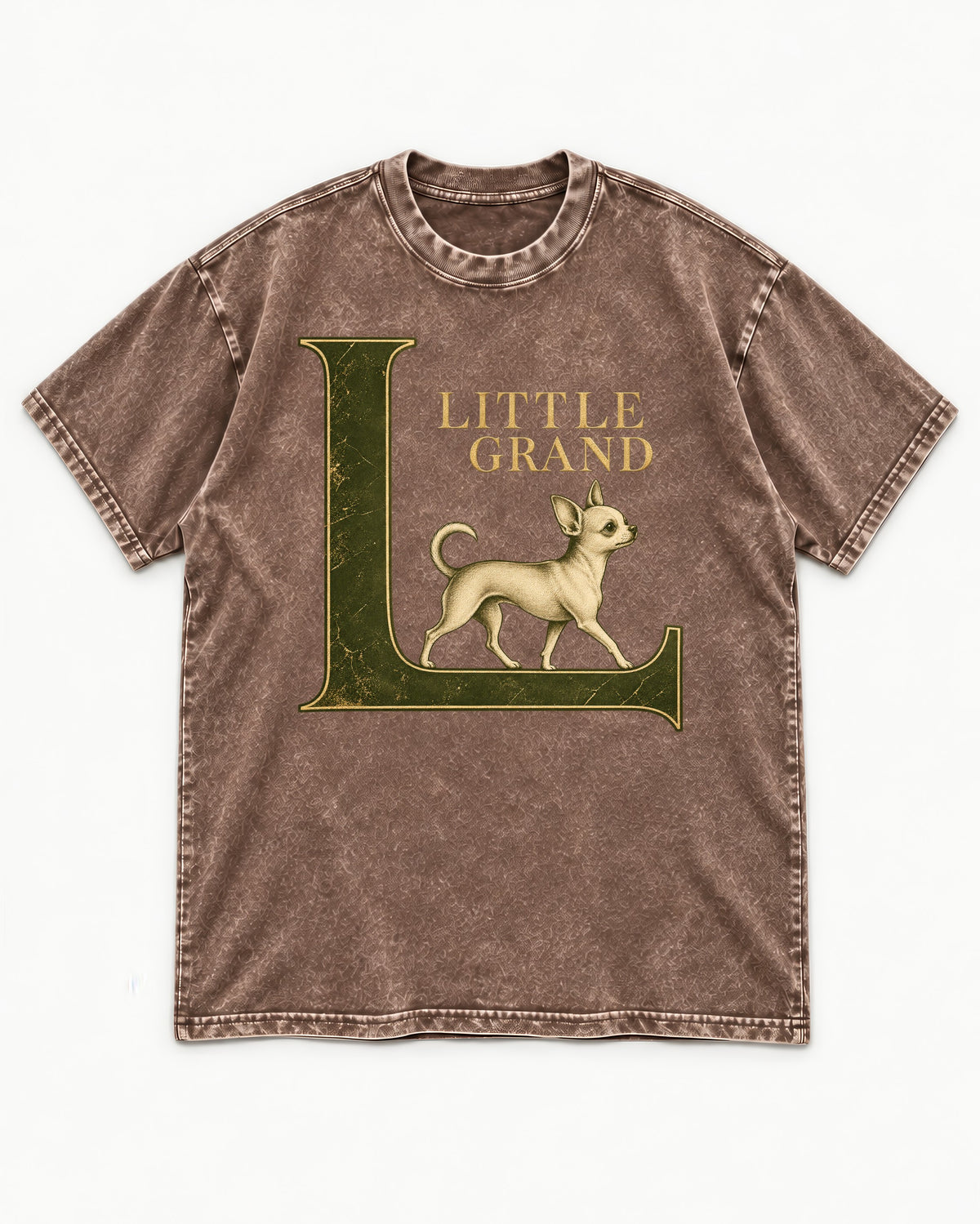 Little Grand Chihuahua Washed Tee in Coffee, flat lay product photo