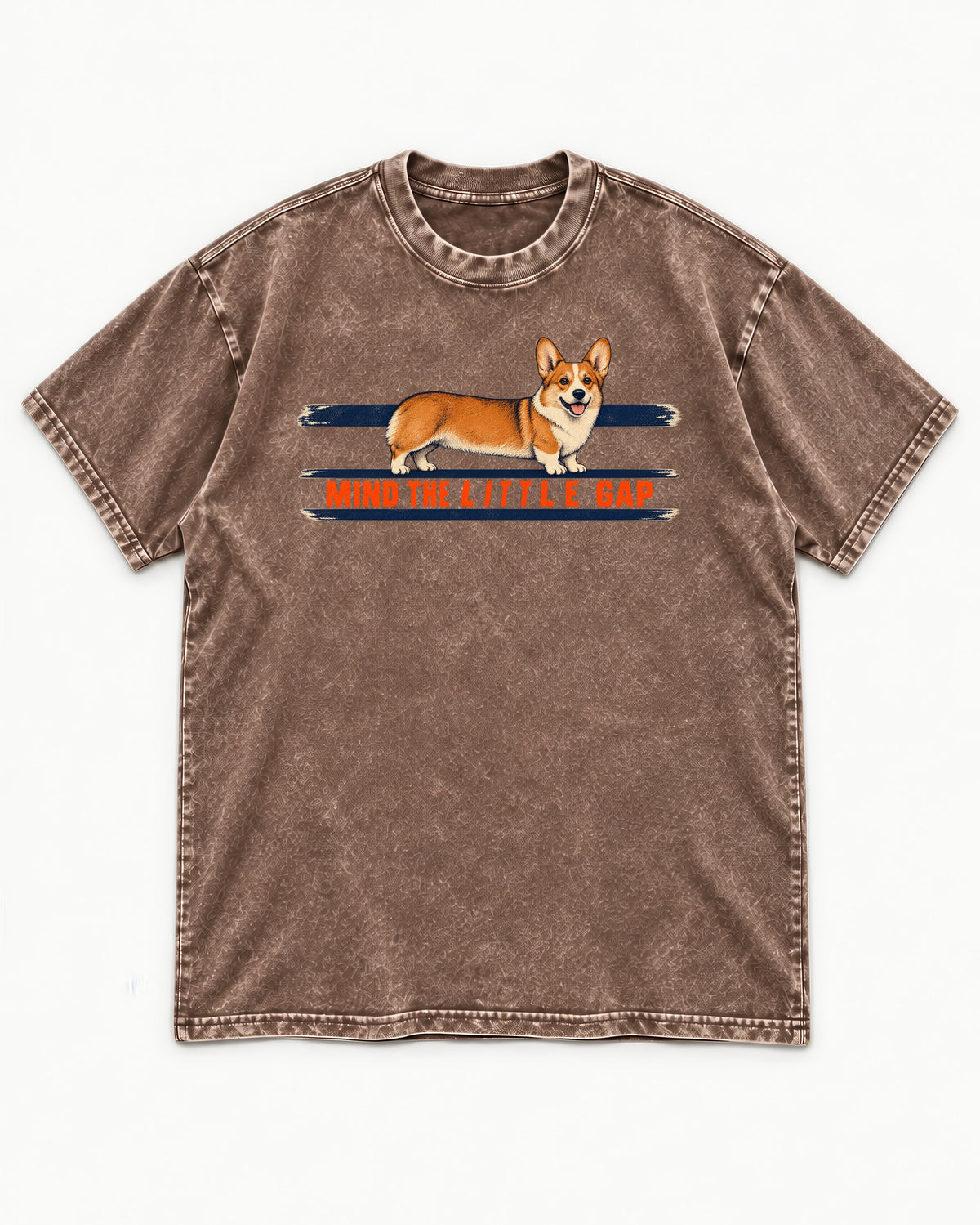 Mind the Little Corgi Gap Washed Tee in Coffee, flat lay product photo