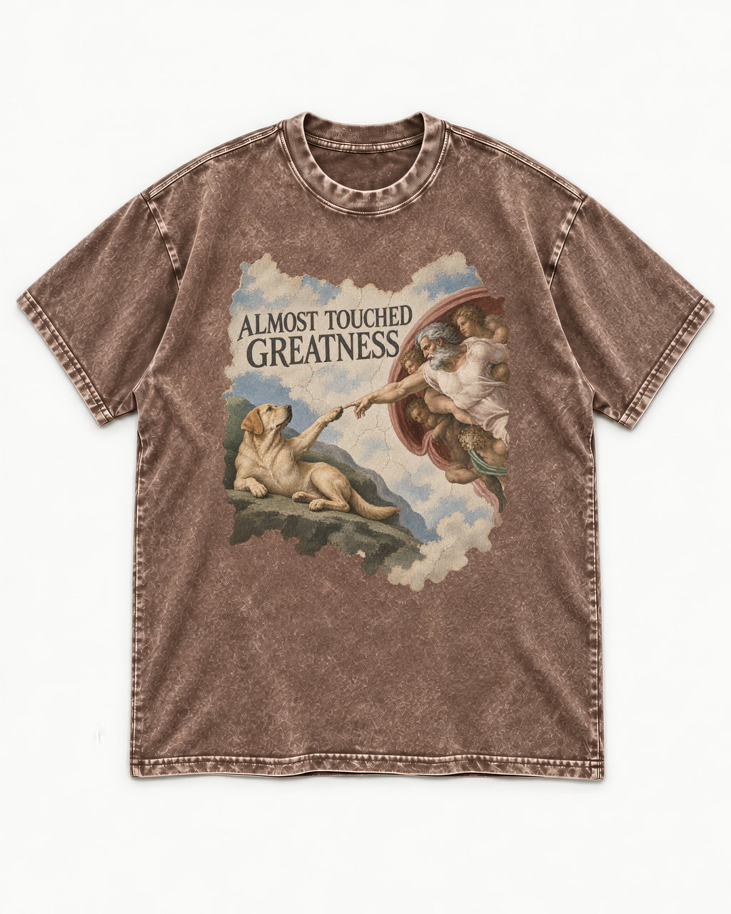 Labrador Retriever Almost Touched Greatness Washed Tee in Coffee, flat lay product photo