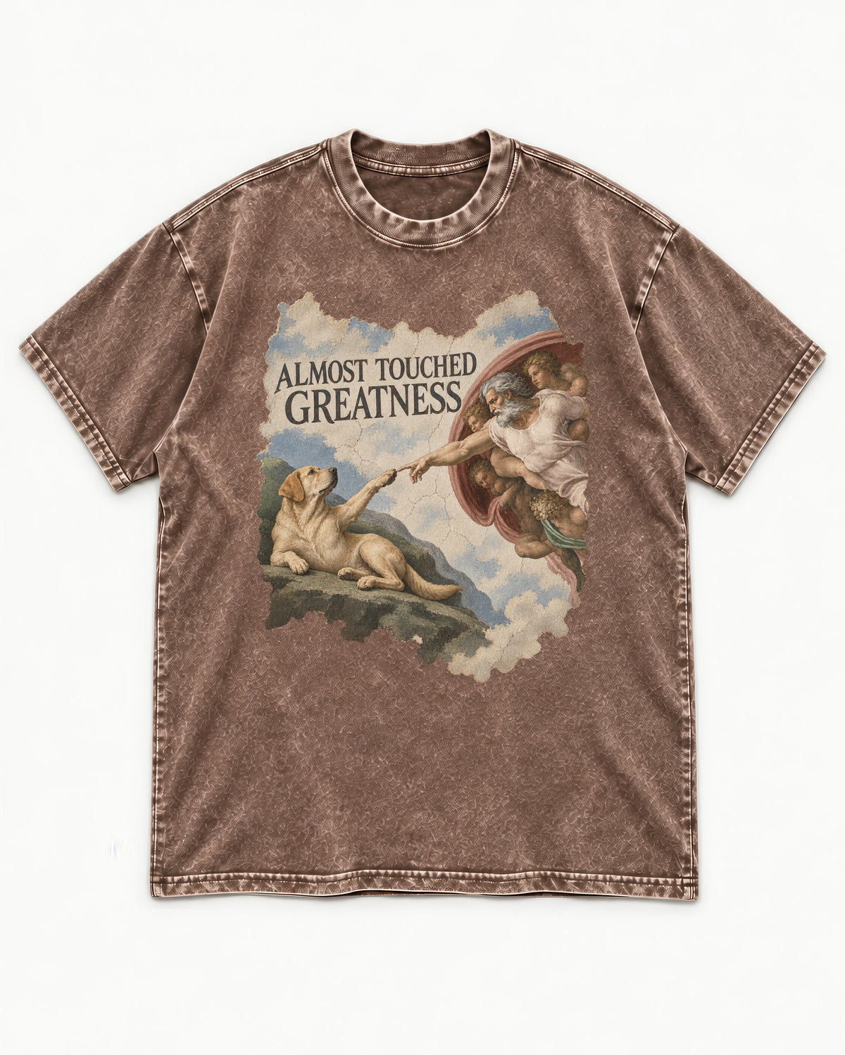 Labrador Retriever Almost Touched Greatness Washed Tee in Coffee, flat lay product photo