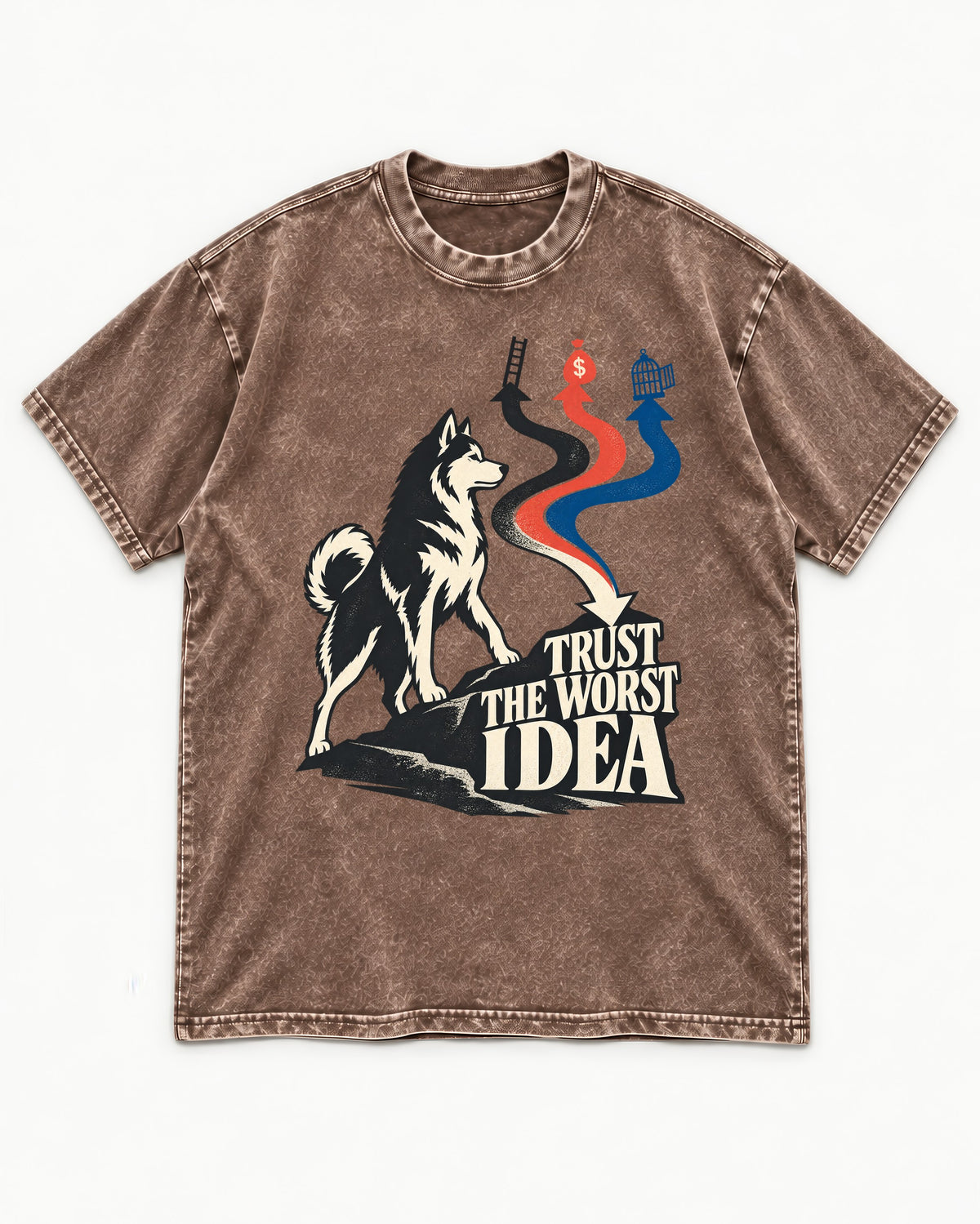 Trust the Worst Husky Idea Washed Tee in Coffee, flat lay product photo
