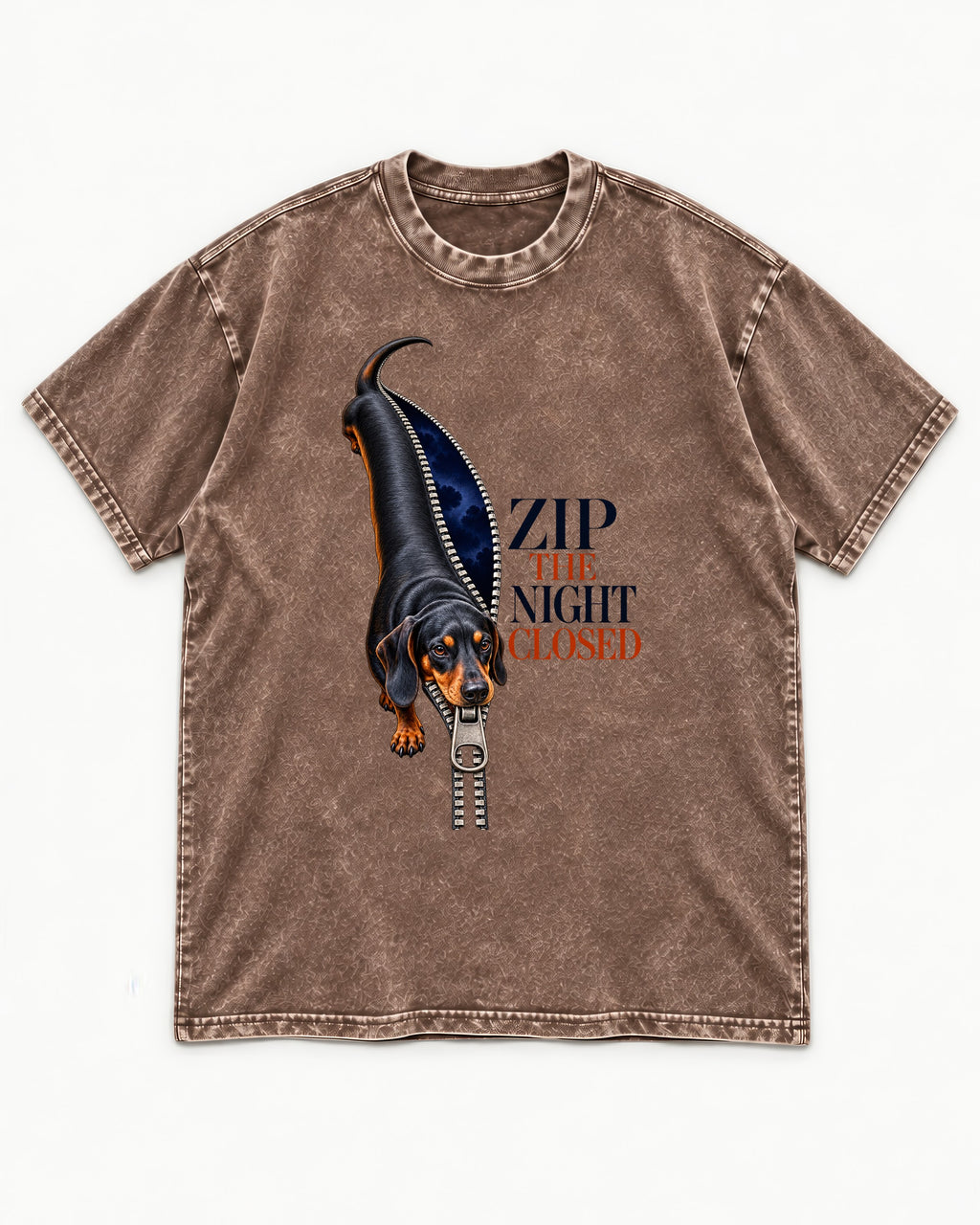 Zip the Night Closed Dachshund Washed Tee in Coffee, flat lay product photo