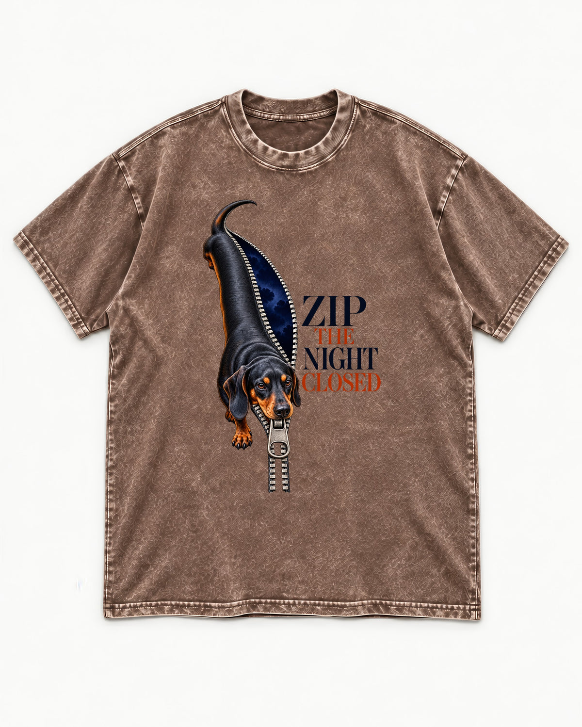 Zip the Night Closed Dachshund Washed Tee in Coffee, flat lay product photo