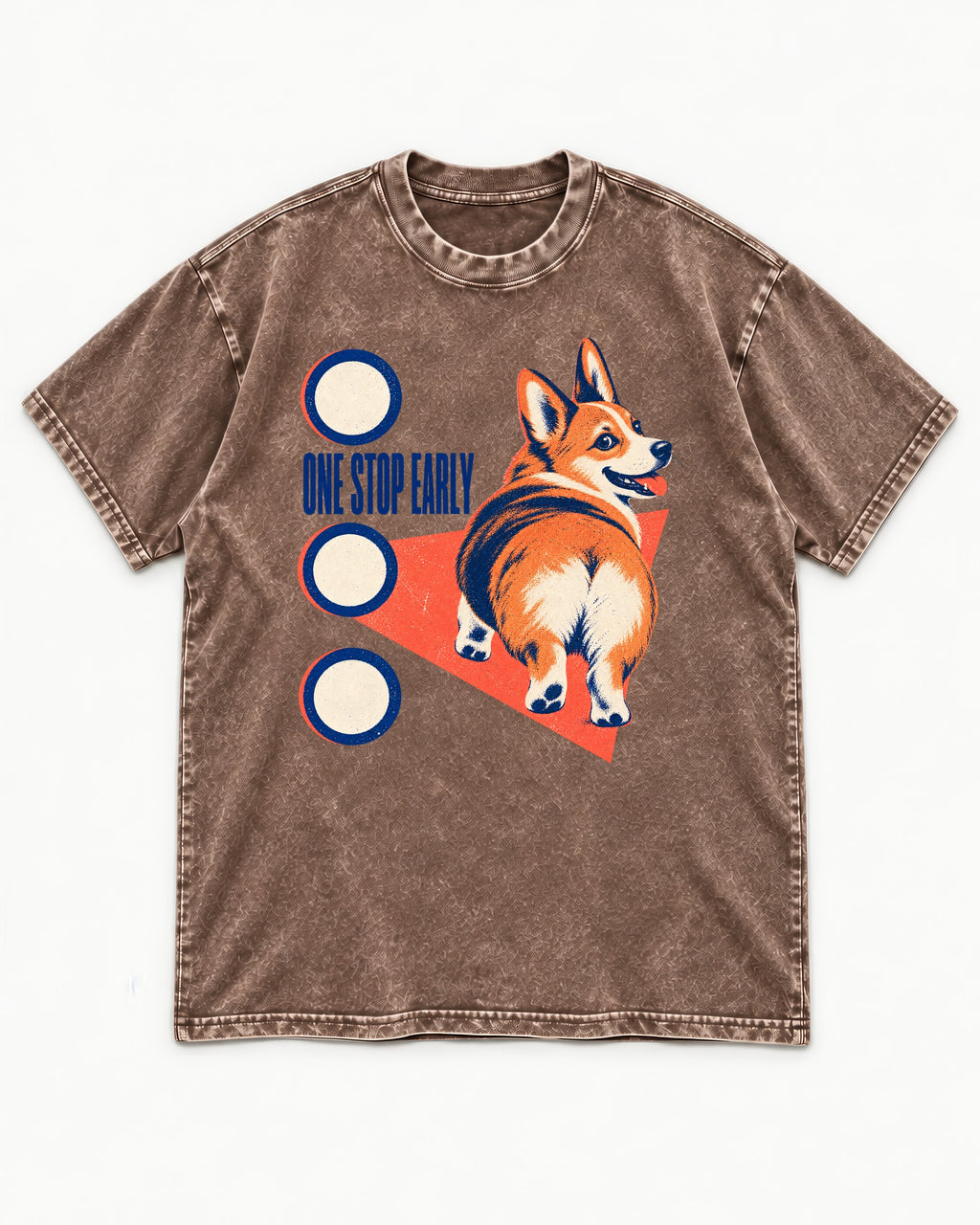 One Stop Early Corgi Washed Tee in Coffee, flat lay product photo
