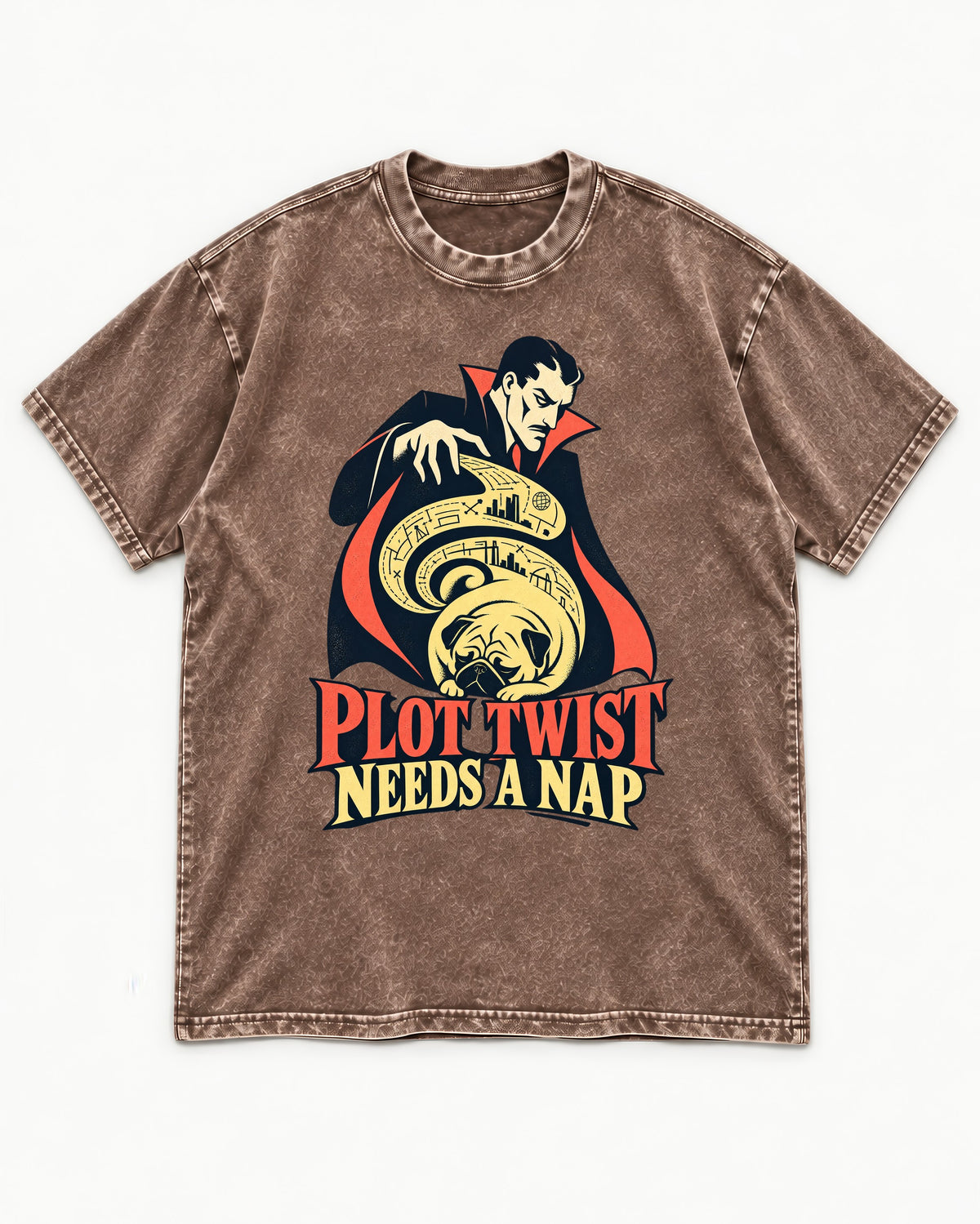 Pug Needs a Nap Washed Tee in Coffee, flat lay product photo