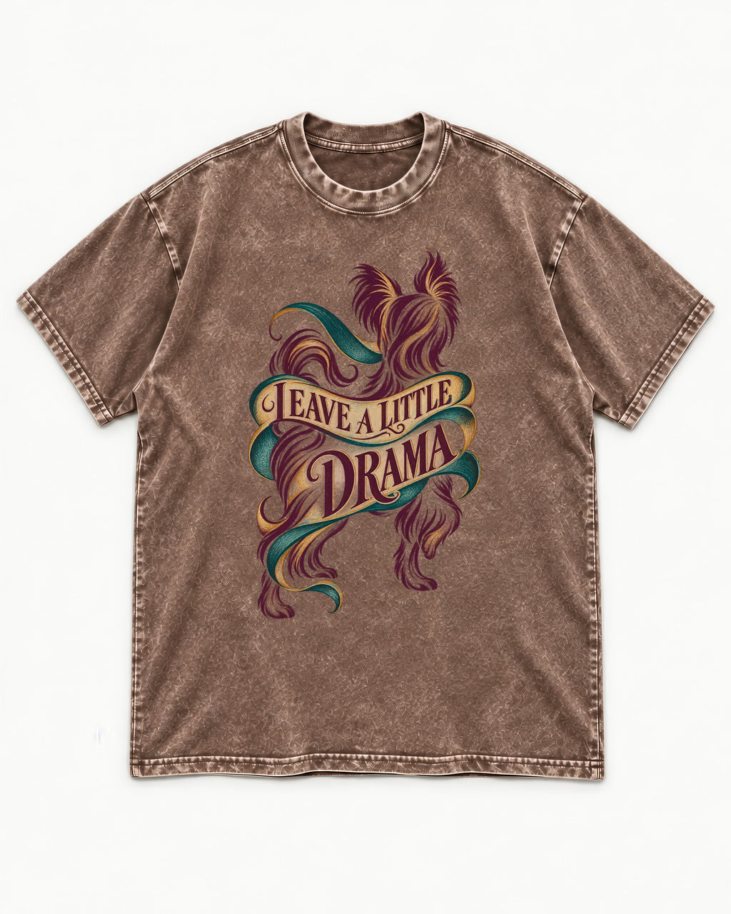 Leave a Little Drama Yorkshire Terrier Washed Tee in Coffee, flat lay product photo