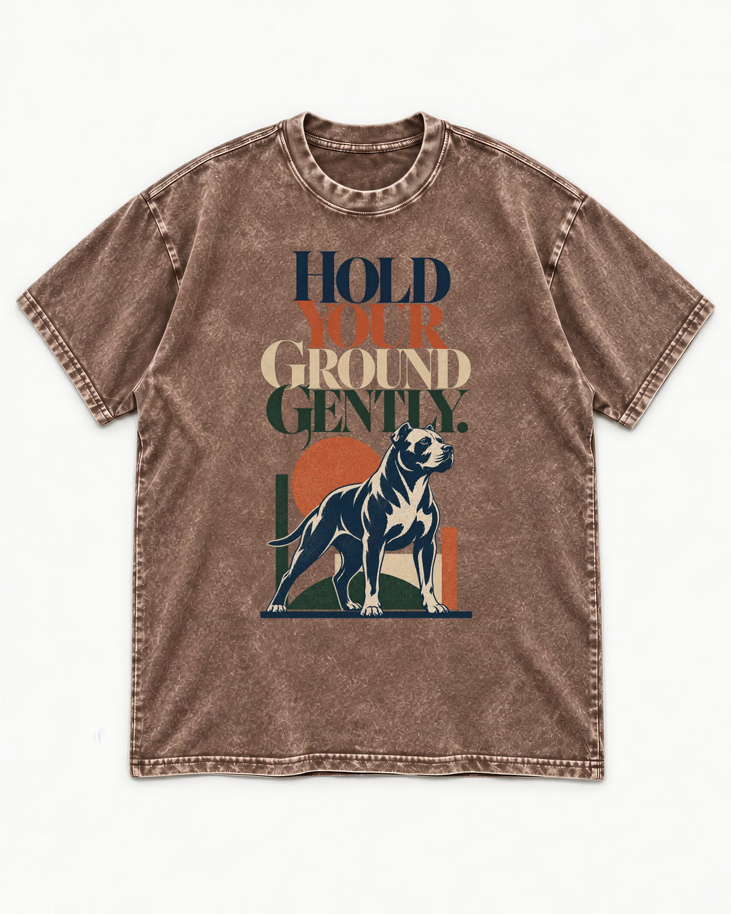 Pitbull Hold Your Ground Gently Standing Dog Graphic Washed Tee in Coffee, flat lay product photo