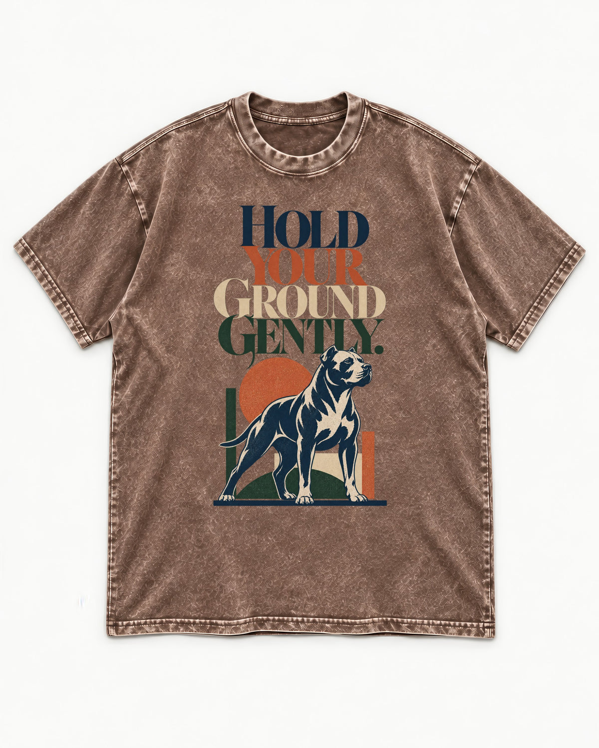 Pitbull Hold Your Ground Gently Standing Dog Graphic Washed Tee in Coffee, flat lay product photo