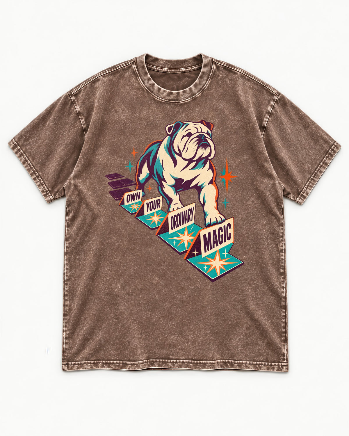 English Bulldog's Ordinary Magic Washed Tee in Coffee, flat lay product photo