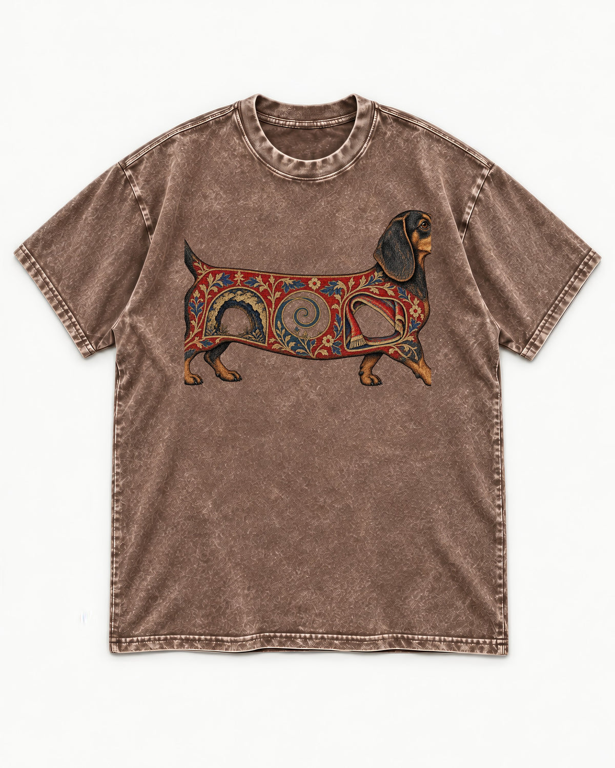 Dachshund Ever After Washed Tee in Coffee, flat lay product photo
