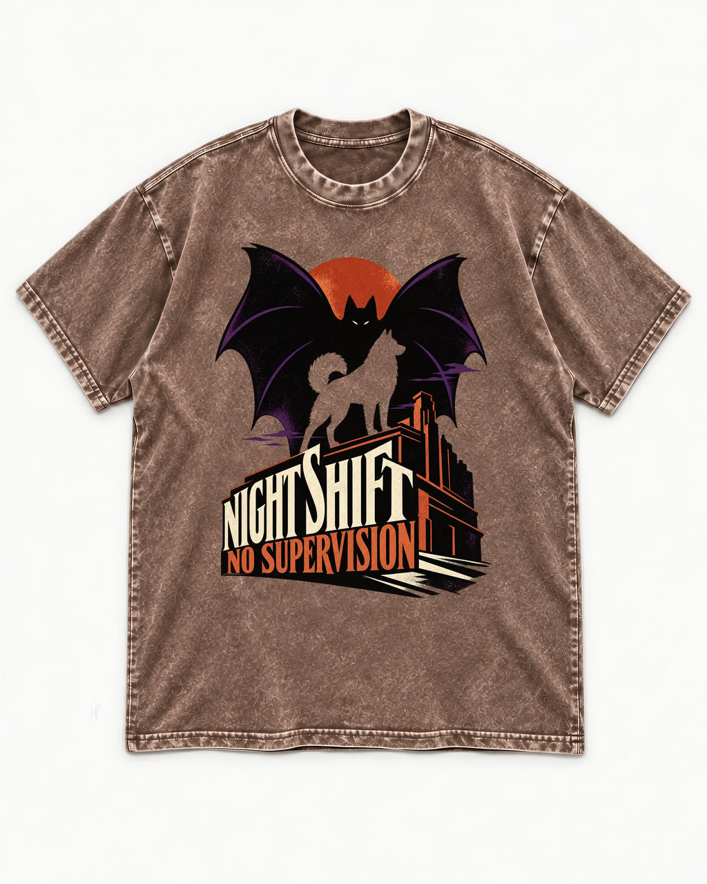 Husky Night Shift No Supervision Washed Tee in Coffee, flat lay product photo