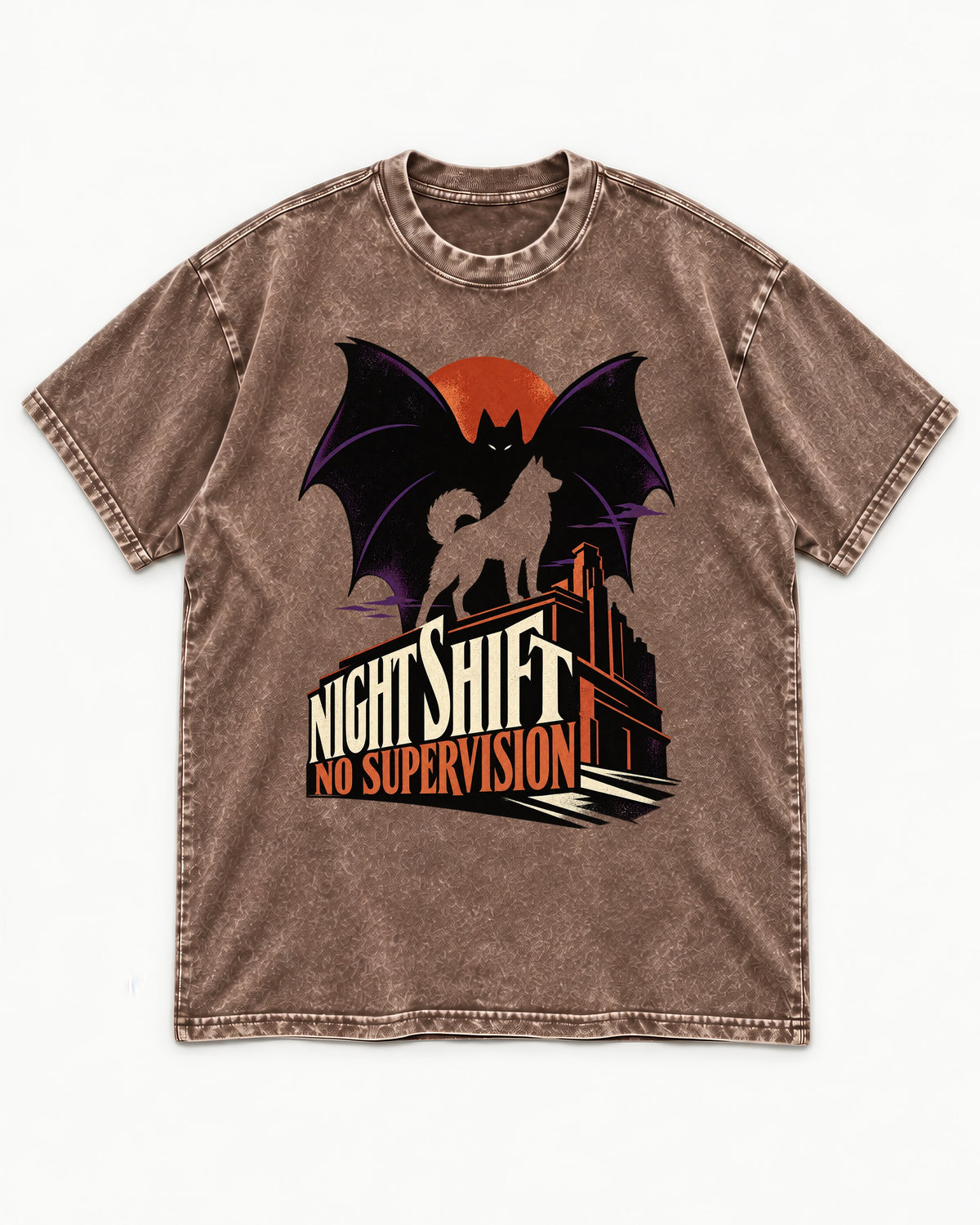 Husky Night Shift No Supervision Washed Tee in Coffee, flat lay product photo
