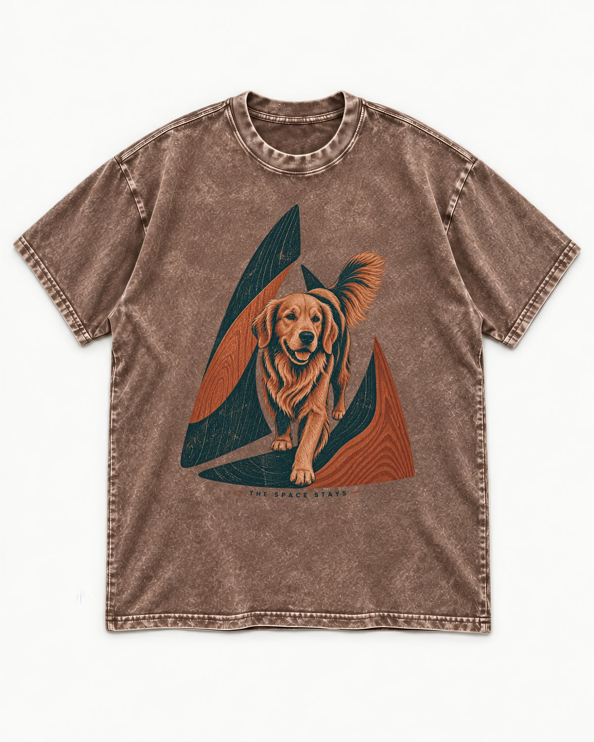 The Golden Retriever Space Stays Washed Tee in Coffee, flat lay product photo