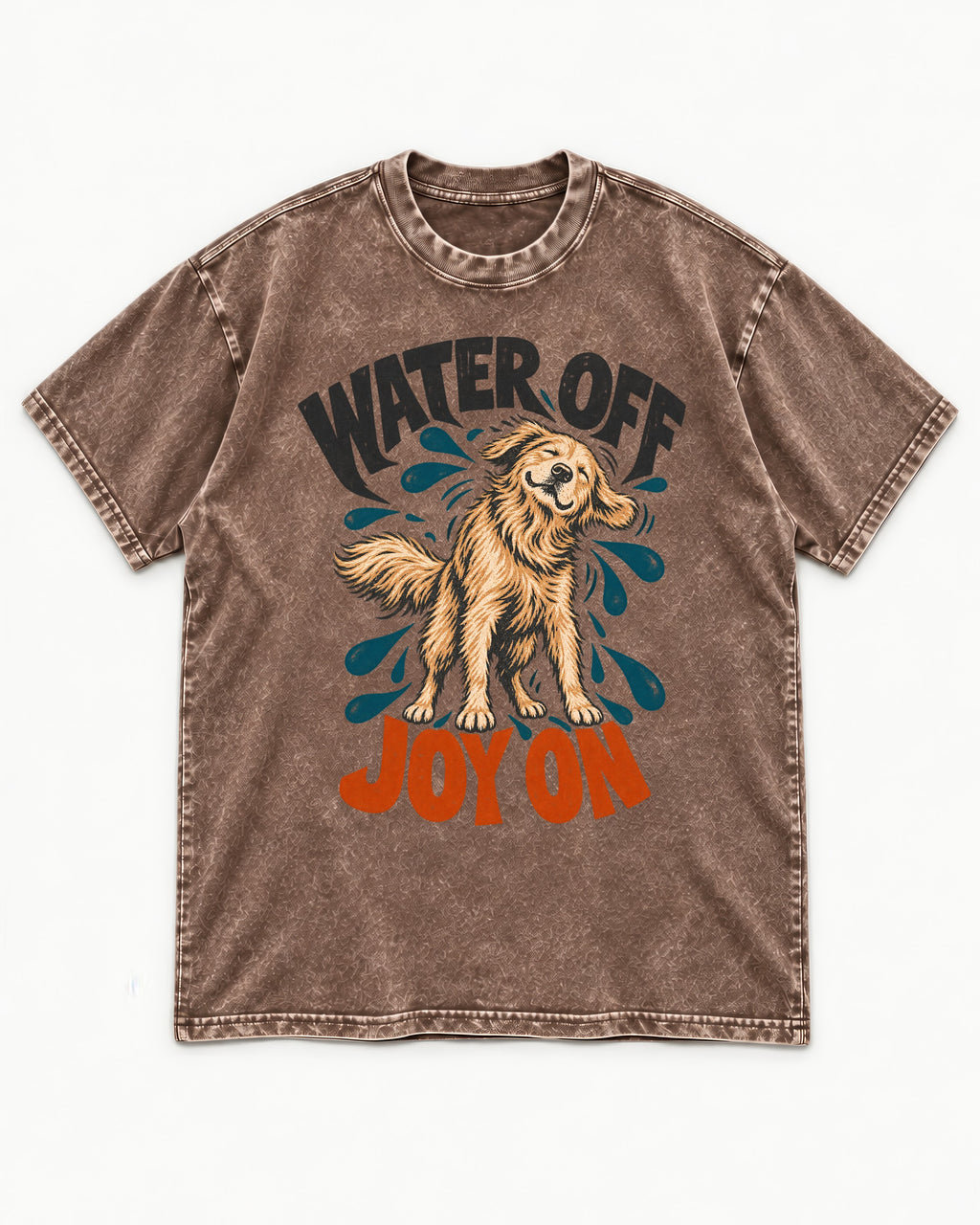 Water Off Joy on Golden Retriever Washed Tee in Coffee, flat lay product photo