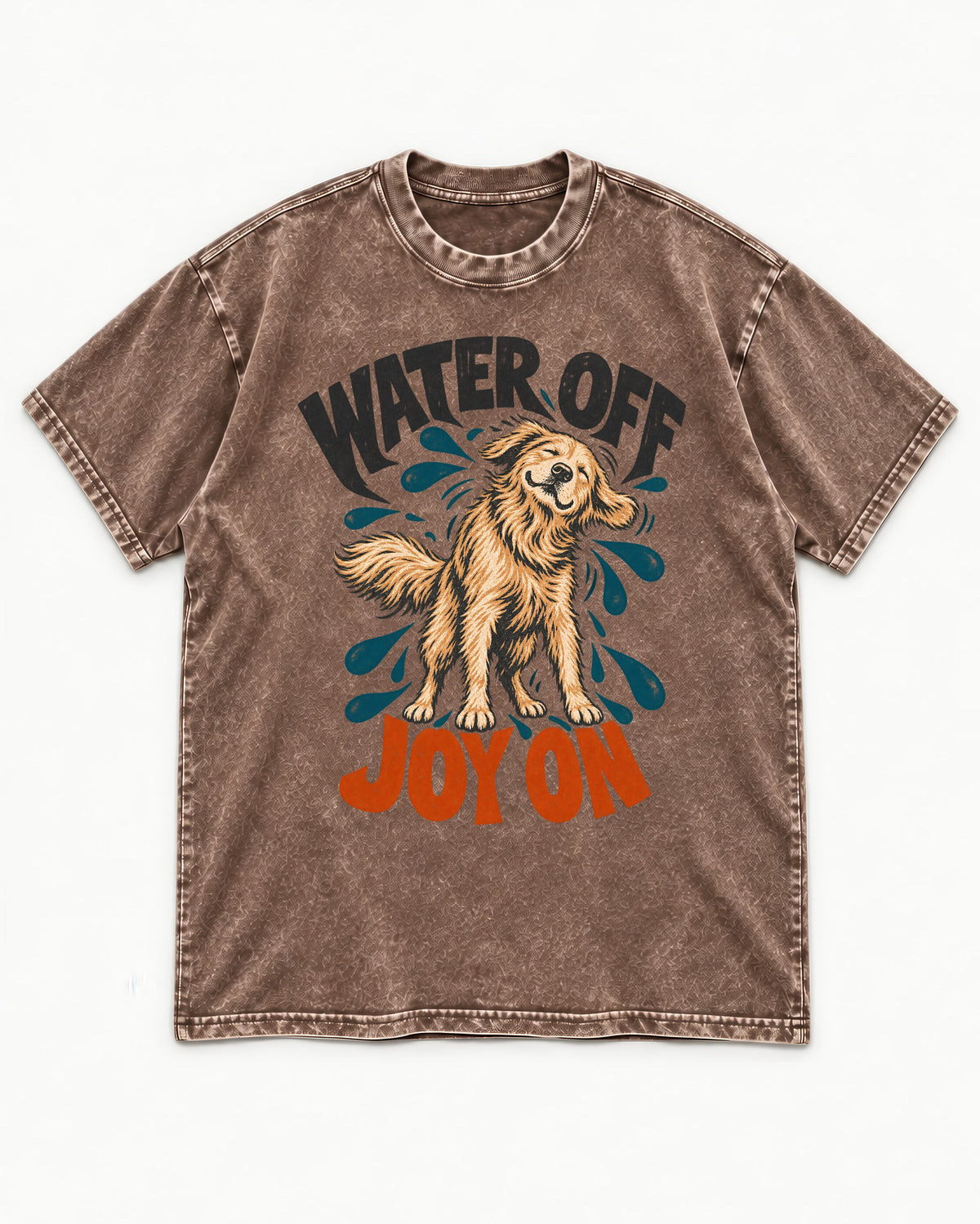 Water Off Joy on Golden Retriever Washed Tee in Coffee, flat lay product photo