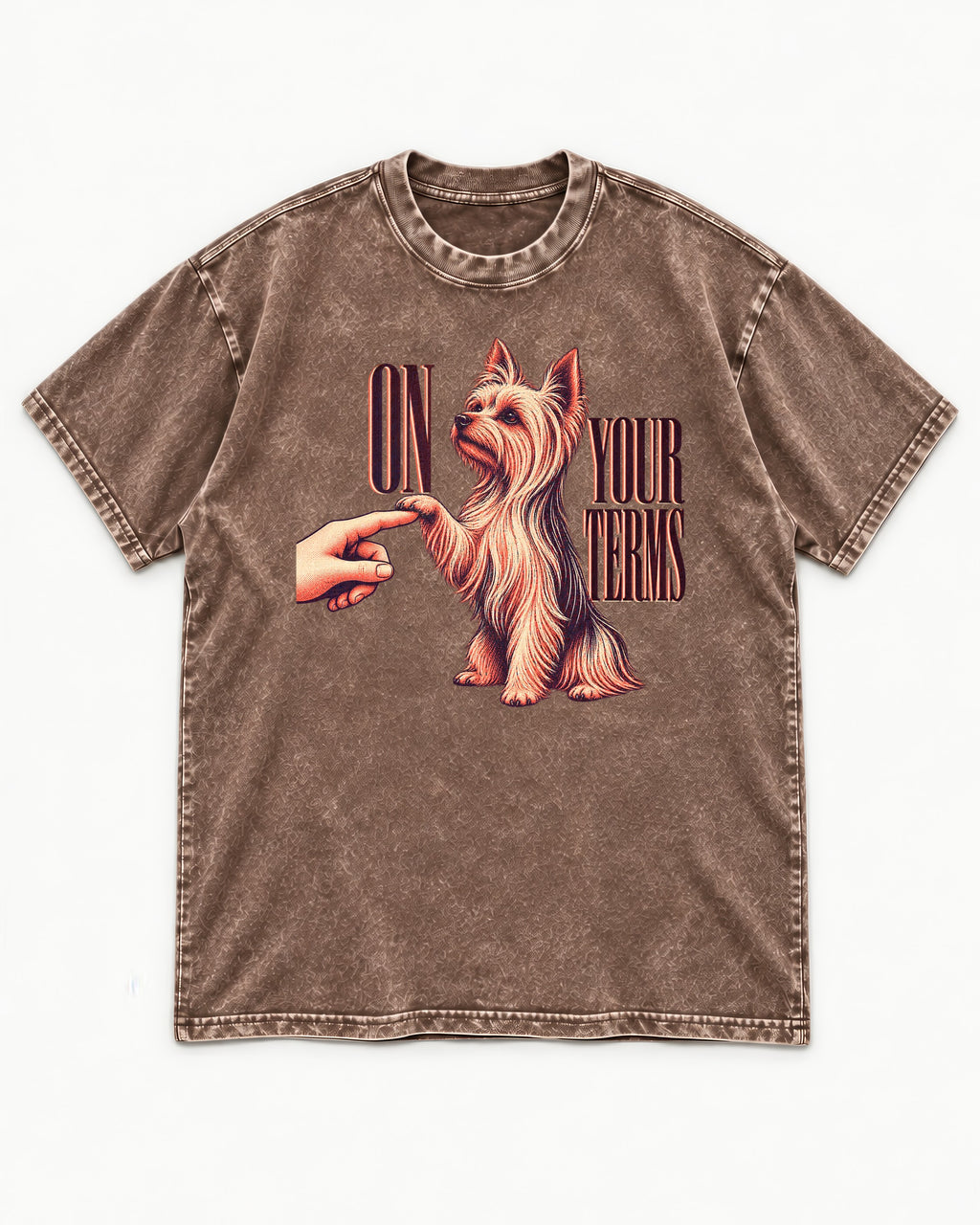 Yorkshire Terrier On Your Terms Washed Tee in Coffee, flat lay product photo