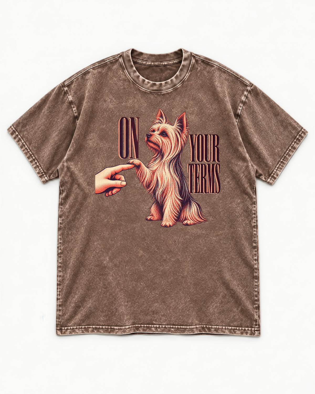 Yorkshire Terrier On Your Terms Washed Tee in Coffee, flat lay product photo