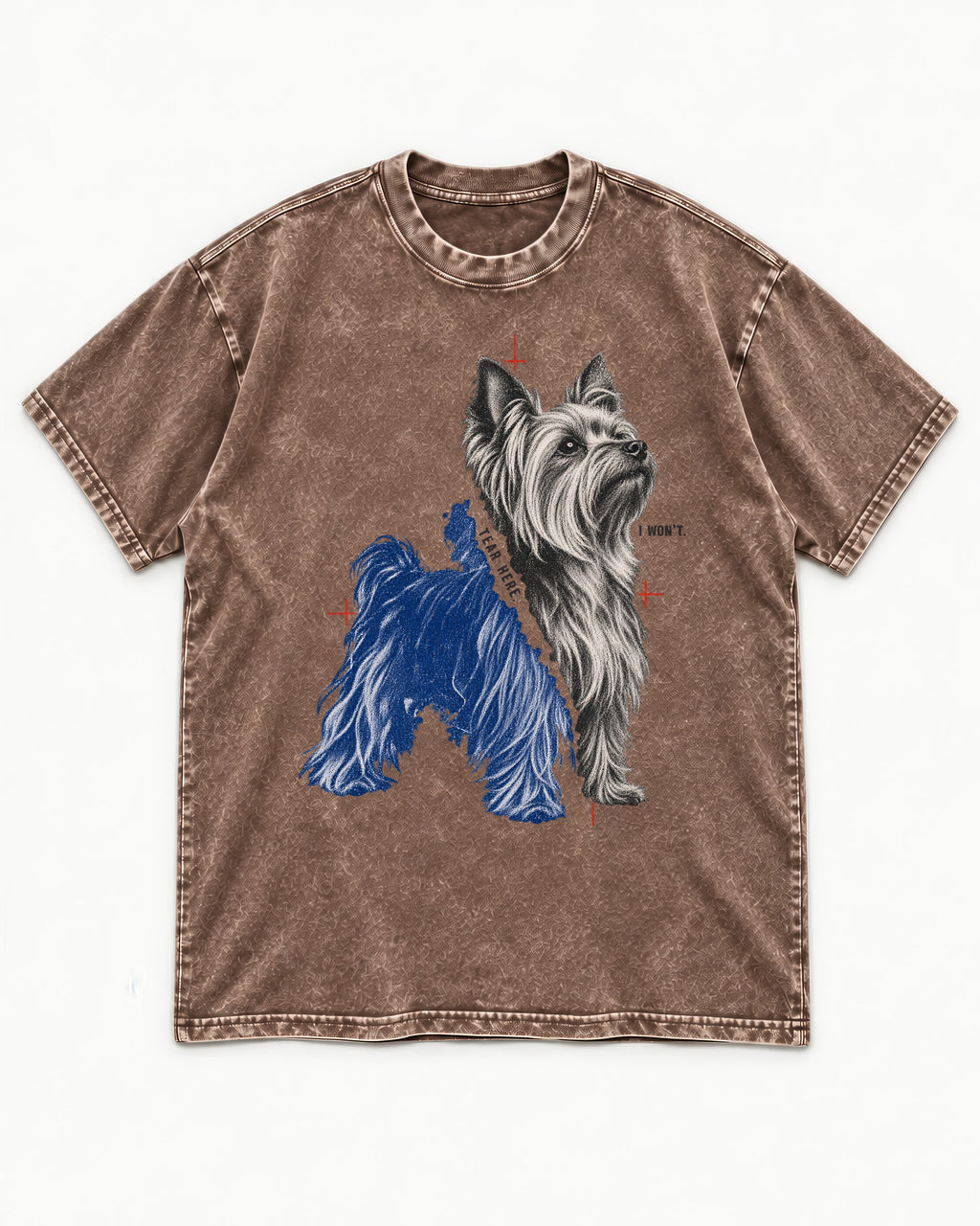 Yorkshire Terrier I Won't Tear Here Washed Tee in Coffee, flat lay product photo