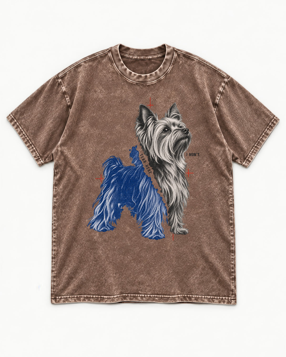 Yorkshire Terrier I Won't Tear Here Washed Tee in Coffee, flat lay product photo