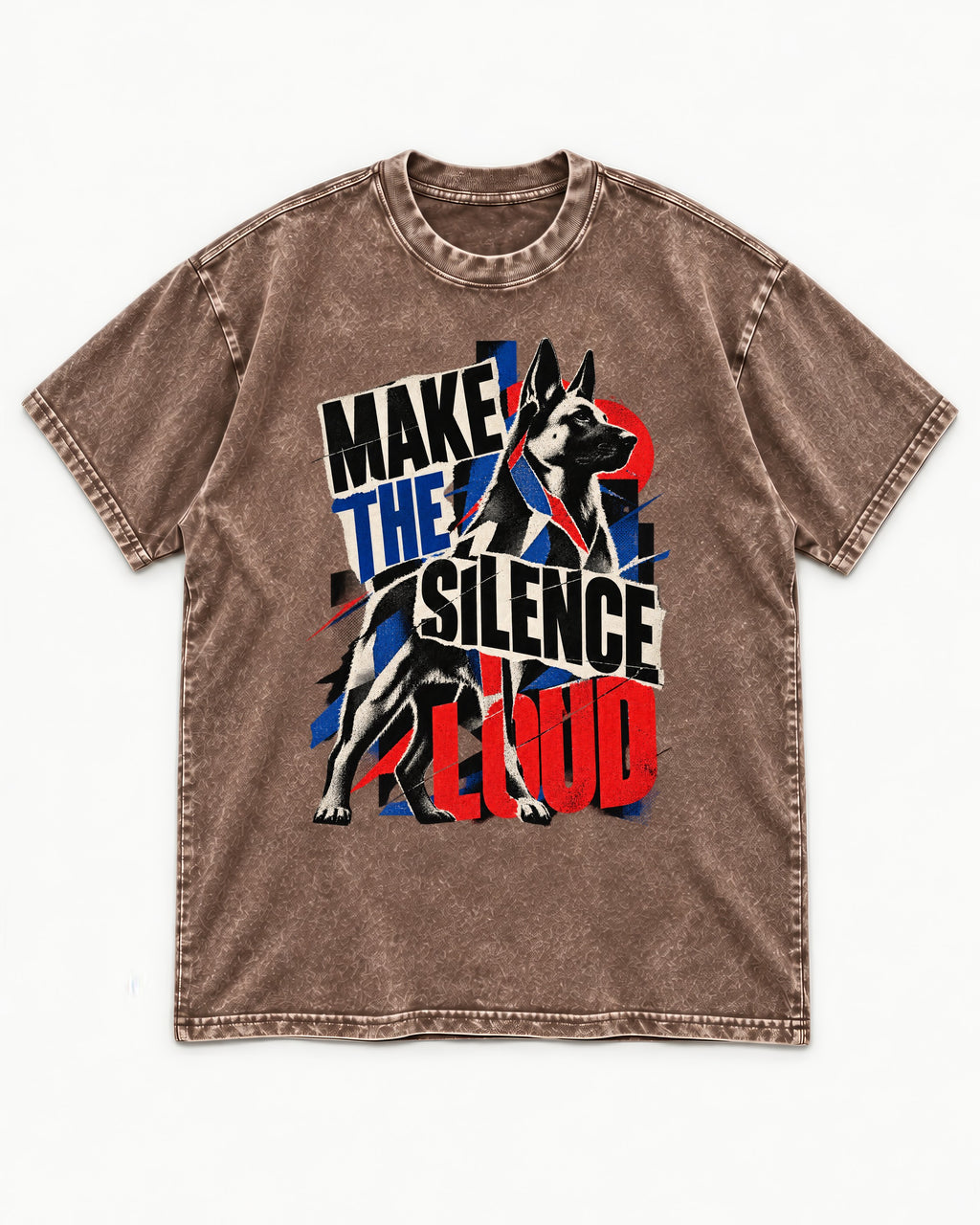 German Shepherd Dog Make the Silence Loud Washed Tee in Coffee, flat lay product photo