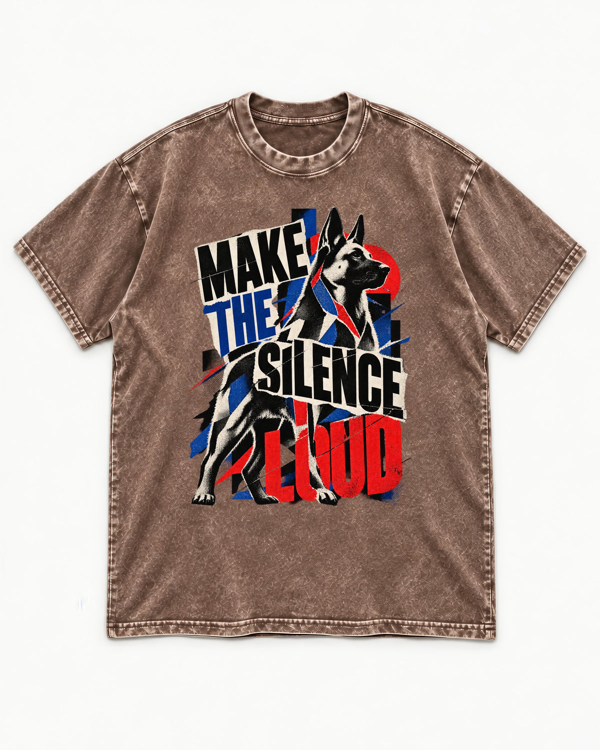 German Shepherd Dog Make the Silence Loud Washed Tee in Coffee, flat lay product photo