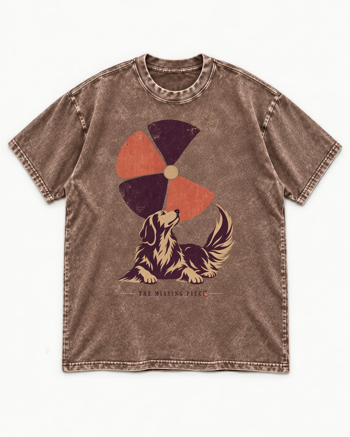 Golden Retriever Is My Missing Piece Washed Tee in Coffee, flat lay product photo