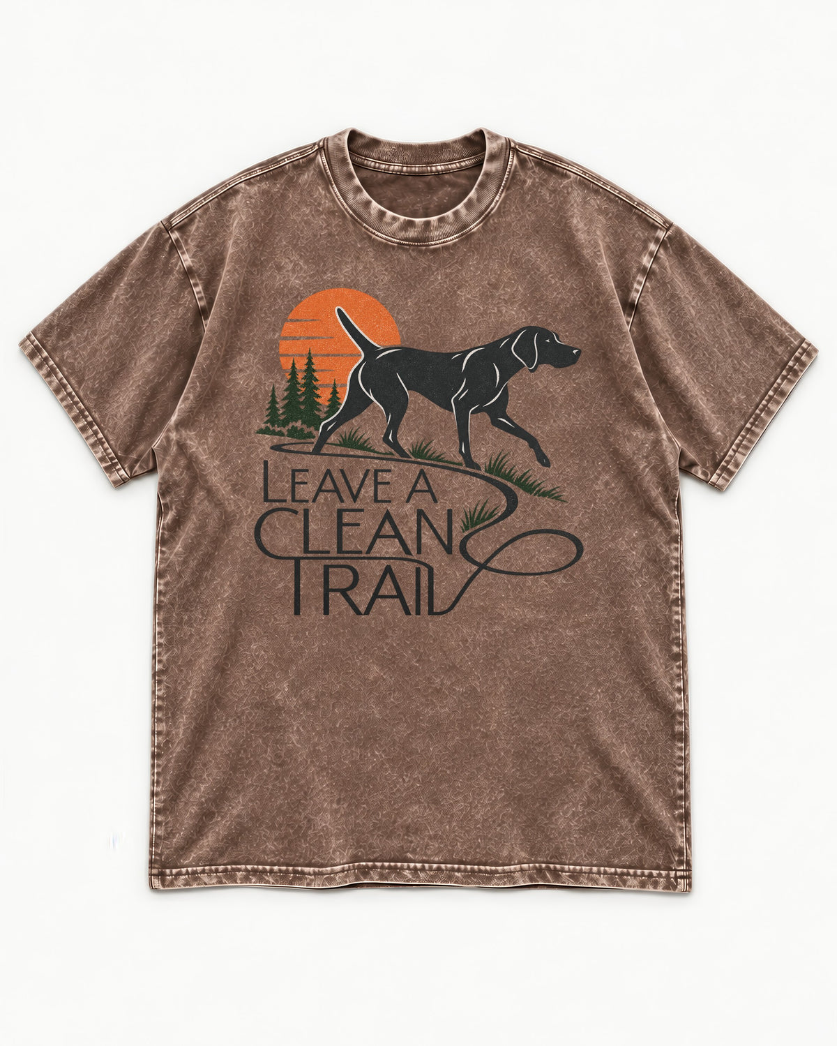 Leave a Clean Trail German Shorthaired Pointer Washed Tee in Coffee, flat lay product photo