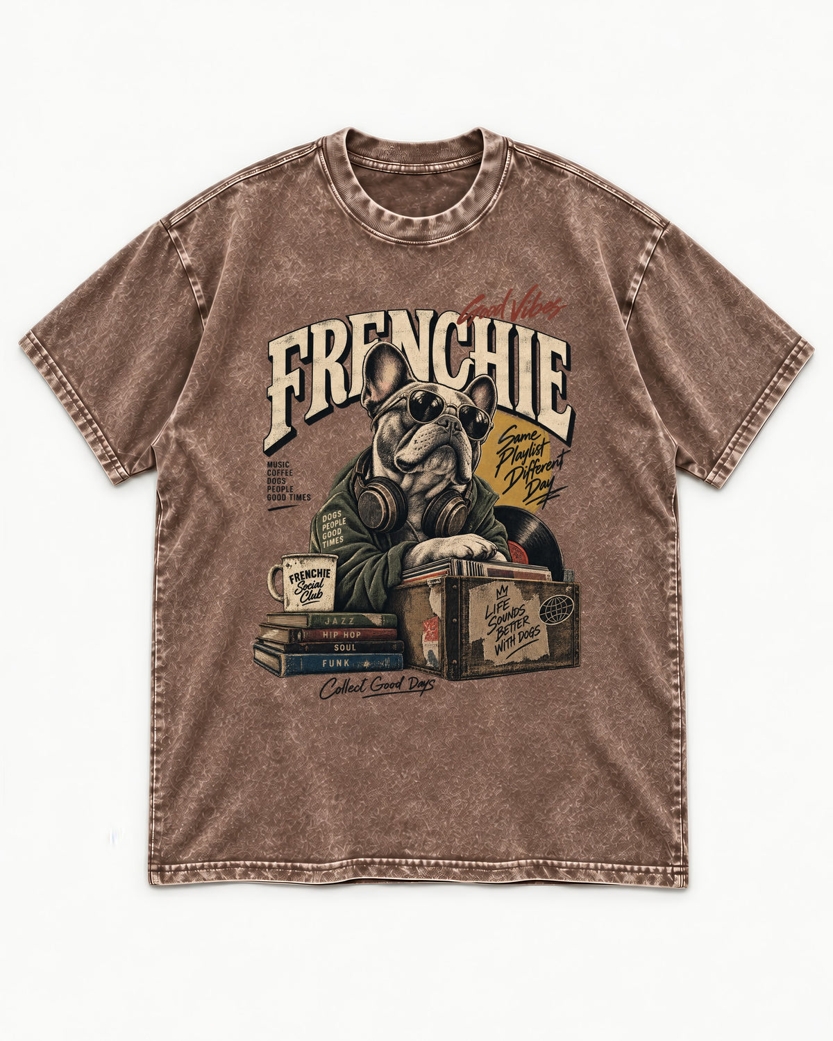 Frenchie Social Club Washed Tee in Coffee, flat lay product photo