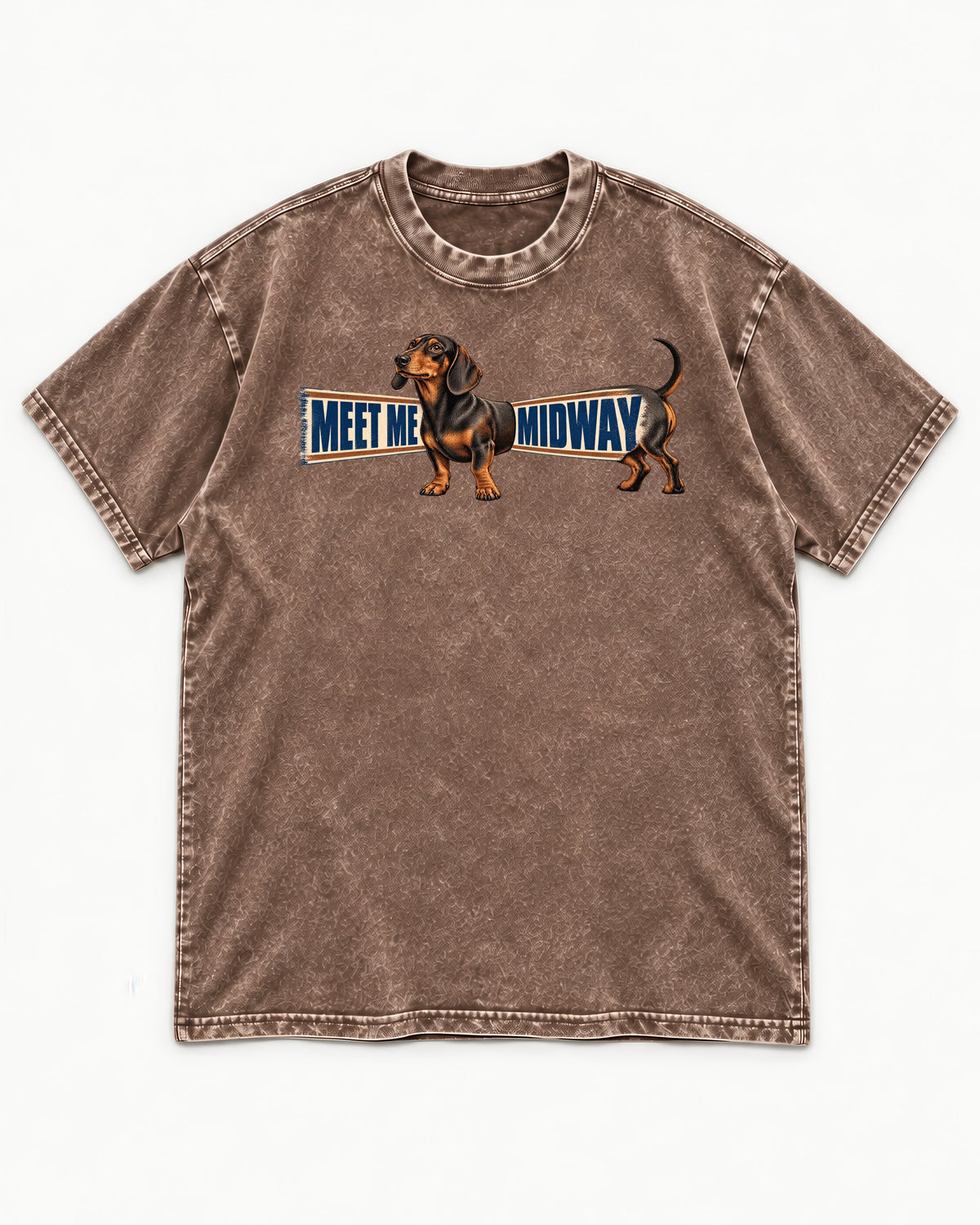 Dachshund Meet Me Midway Washed Tee in Coffee, flat lay product photo