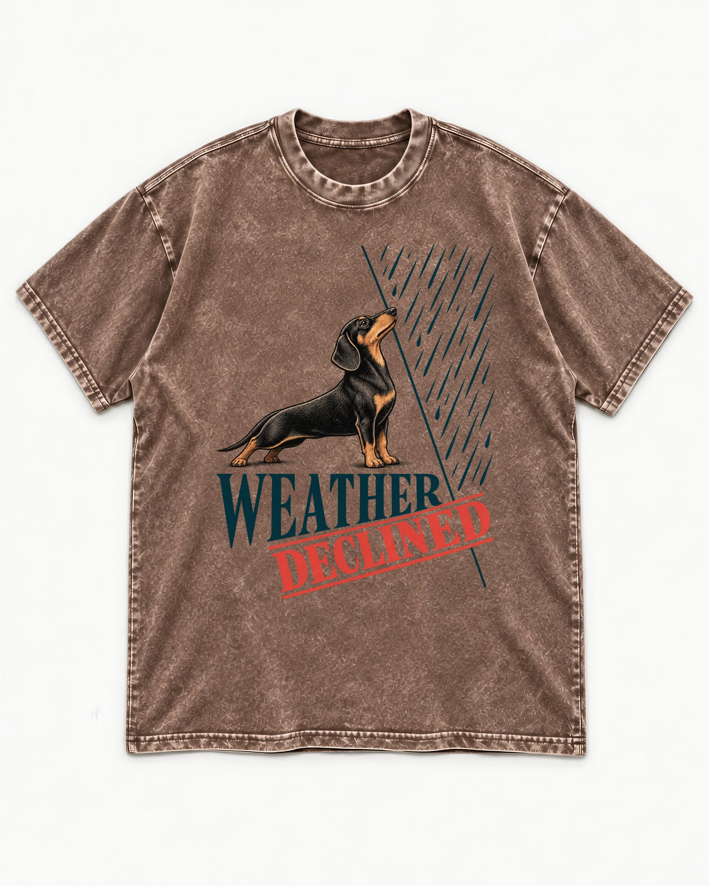Weather Declined by Dachshund Washed Tee in Coffee, flat lay product photo
