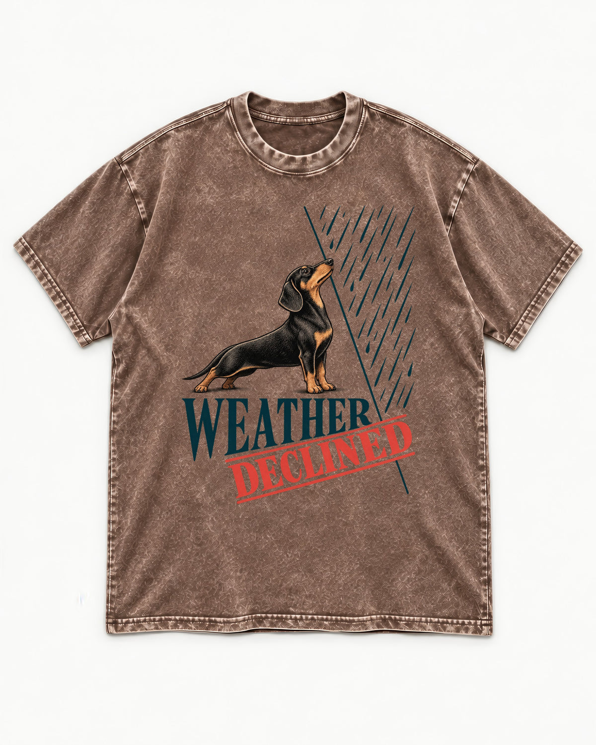 Weather Declined by Dachshund Washed Tee in Coffee, flat lay product photo
