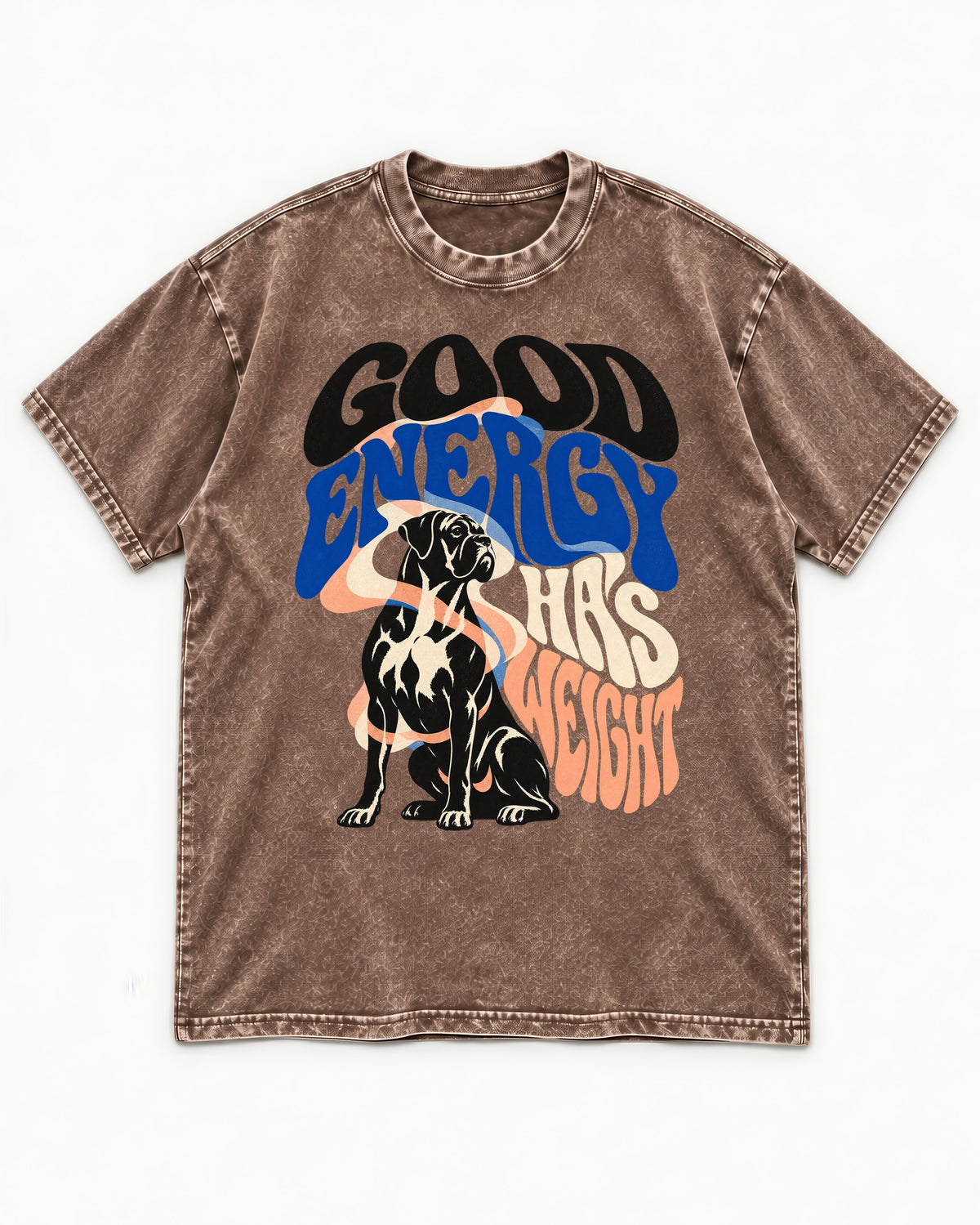 Good Energy Has Weight Boxer Retro Typography Washed Tee in Coffee, flat lay product photo
