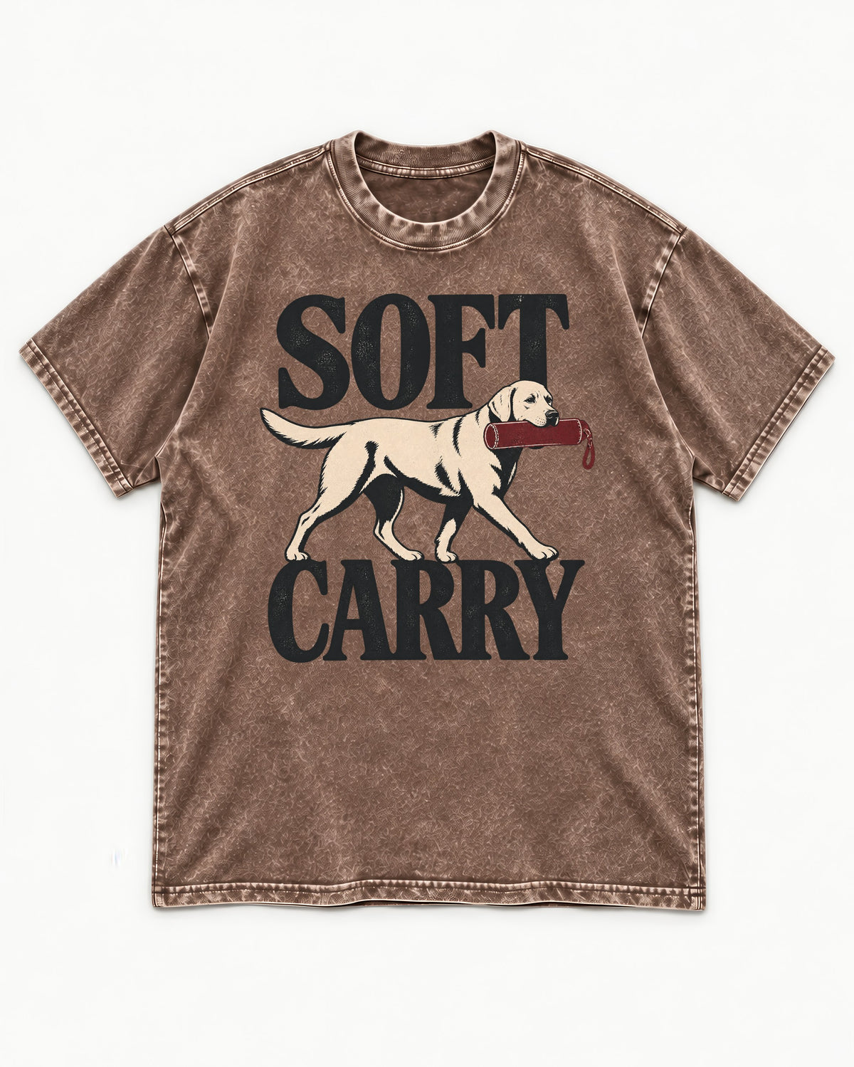 Soft Carry Labrador Retriever Washed Tee in Coffee, flat lay product photo
