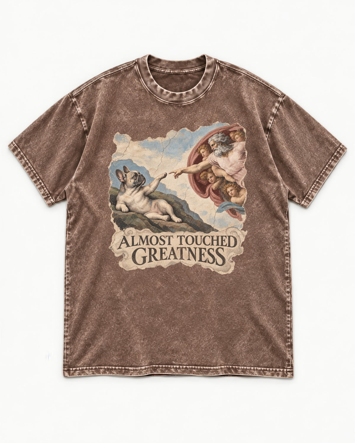 Frenchie Almost Touched Greatness Washed Tee in Coffee, flat lay product photo