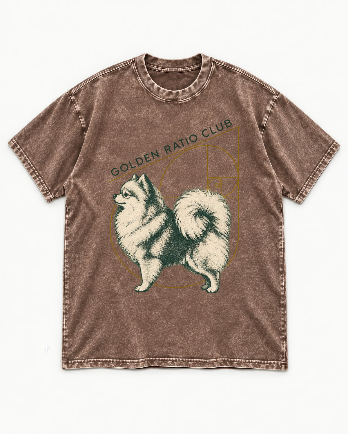 Pomeranian Golden Ratio Club Washed Tee in Coffee, flat lay product photo