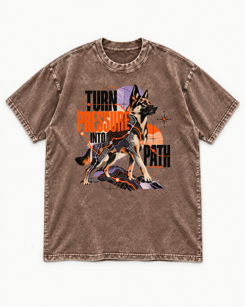 Turn Pressure Into Path German Shepherd Dog Washed Tee in Coffee, flat lay product photo