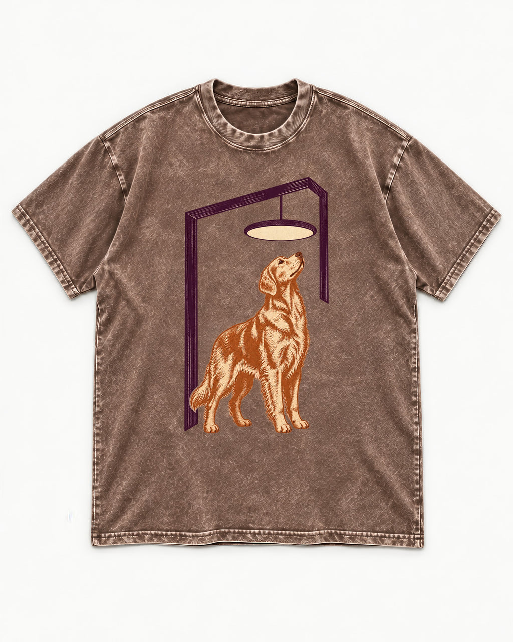 Golden Retriever Bright Idea Washed Tee in Coffee, flat lay product photo
