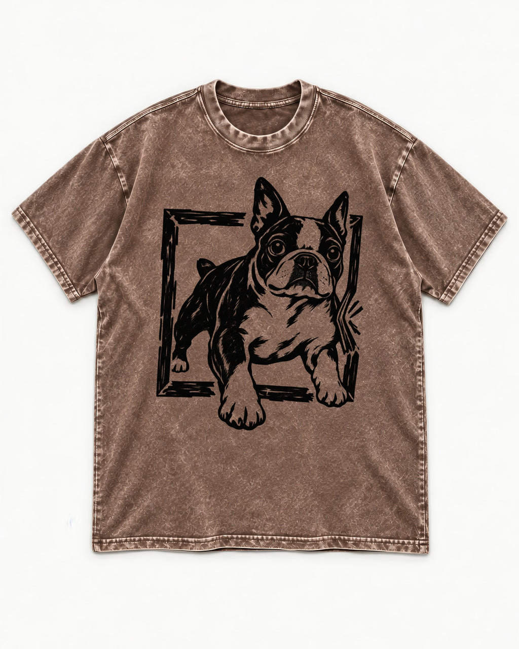 Boston Terrier Unstoppable Washed Tee in Coffee, flat lay product photo