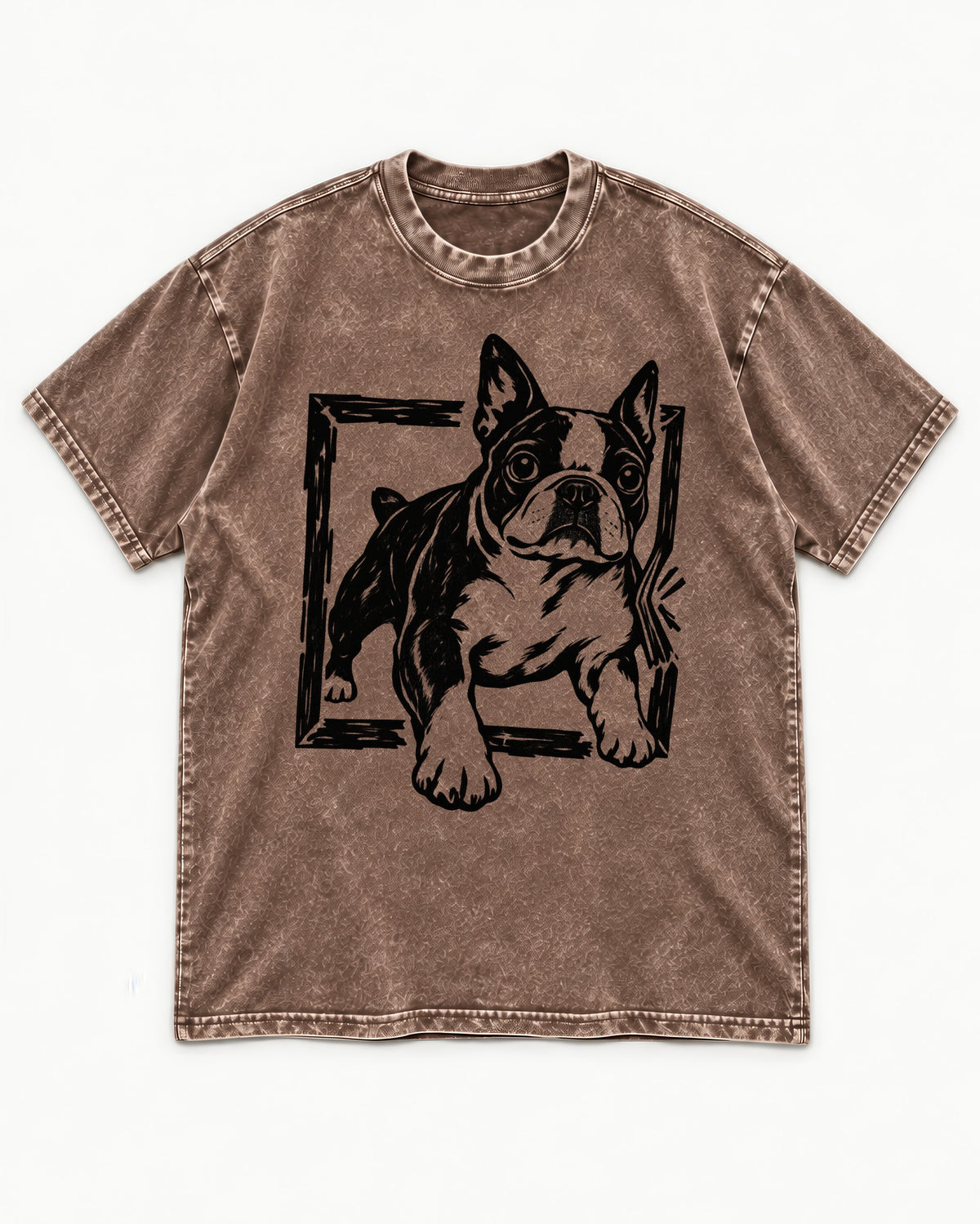 Boston Terrier Unstoppable Washed Tee in Coffee, flat lay product photo