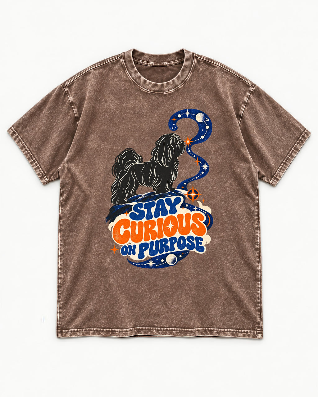 Stay Curious on Purpose Shih Tzu Washed Tee in Coffee, flat lay product photo