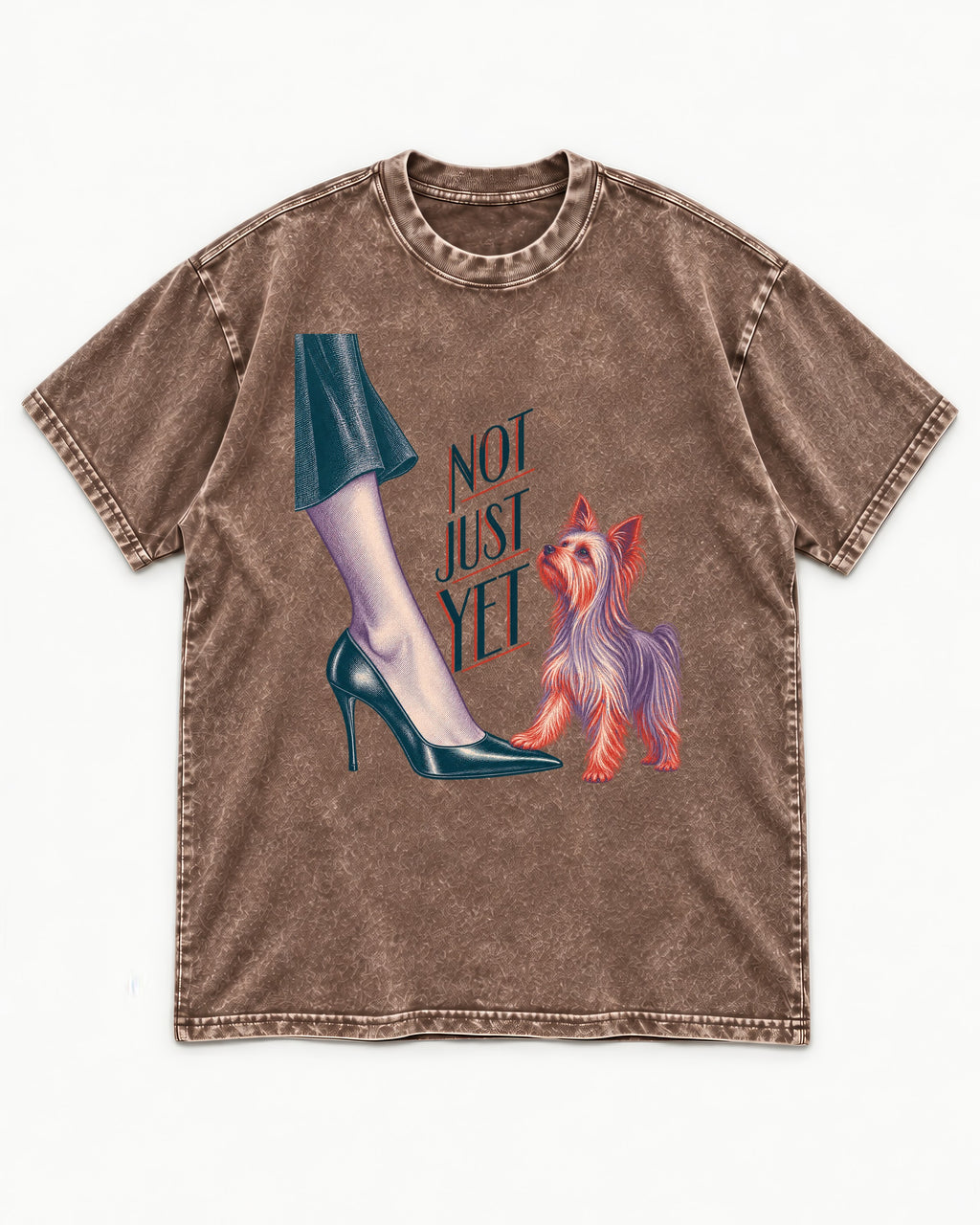 Not Just Yet Yorkshire Terrier Washed Tee in Coffee, flat lay product photo