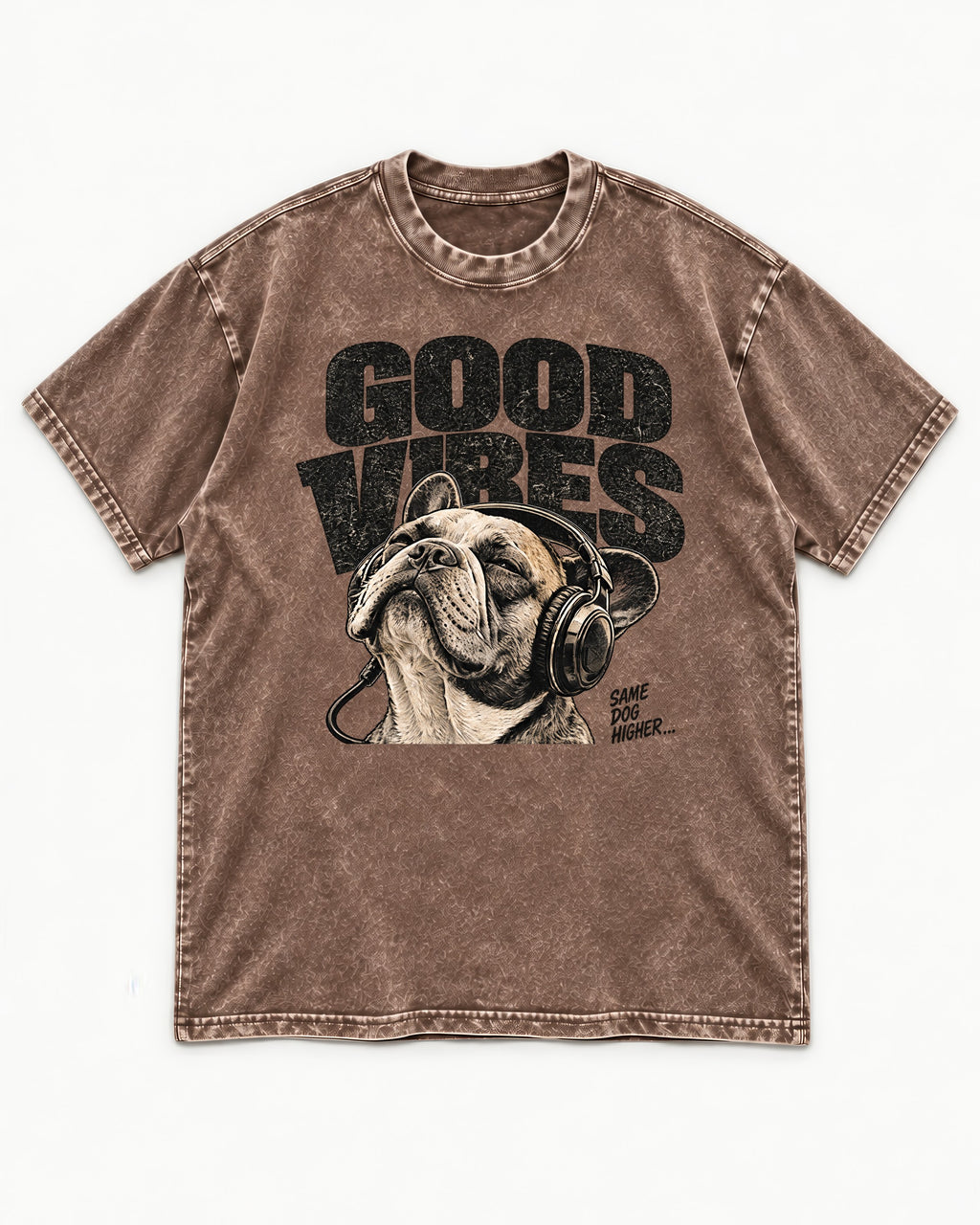 Frenchie Good Vibes Washed Tee in Coffee, flat lay product photo