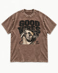 Frenchie Good Vibes Washed Tee in Coffee, flat lay product photo