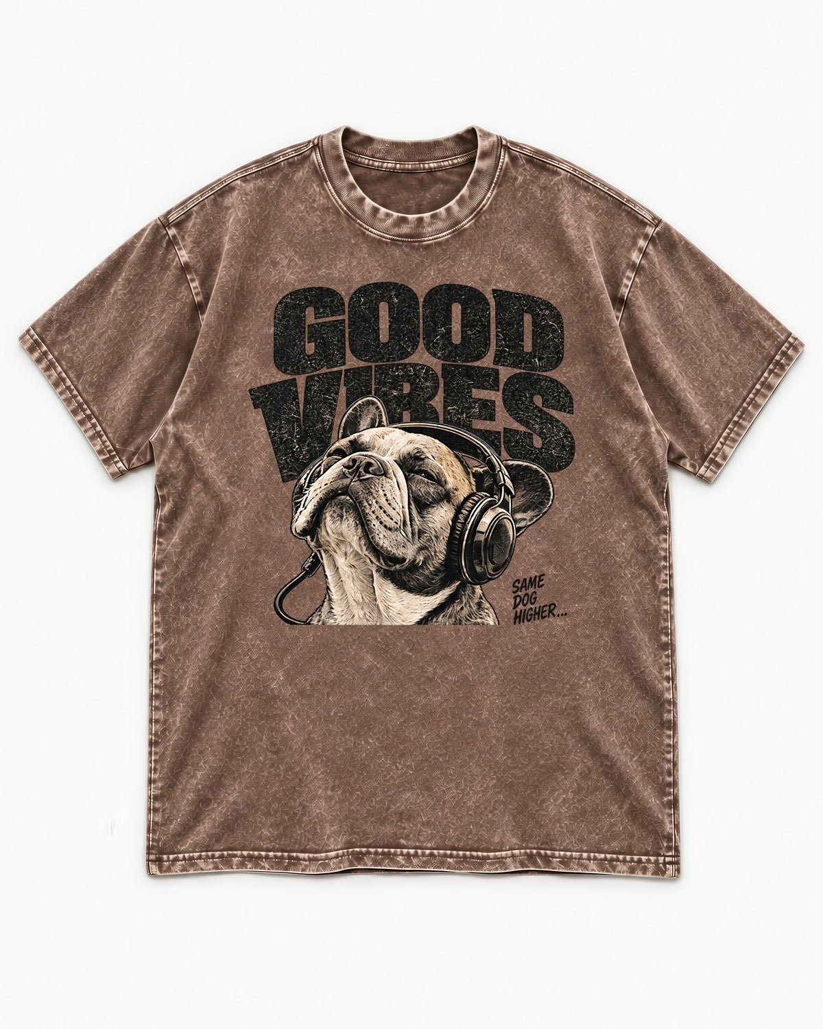 Frenchie Good Vibes Washed Tee in Coffee, flat lay product photo